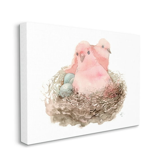 Stupell Industries Pink Birds Nesting with Soft Blue Eggs Animals & Insects Painting Gallery Wrapped Canvas Print Wall Art, 16 x 20