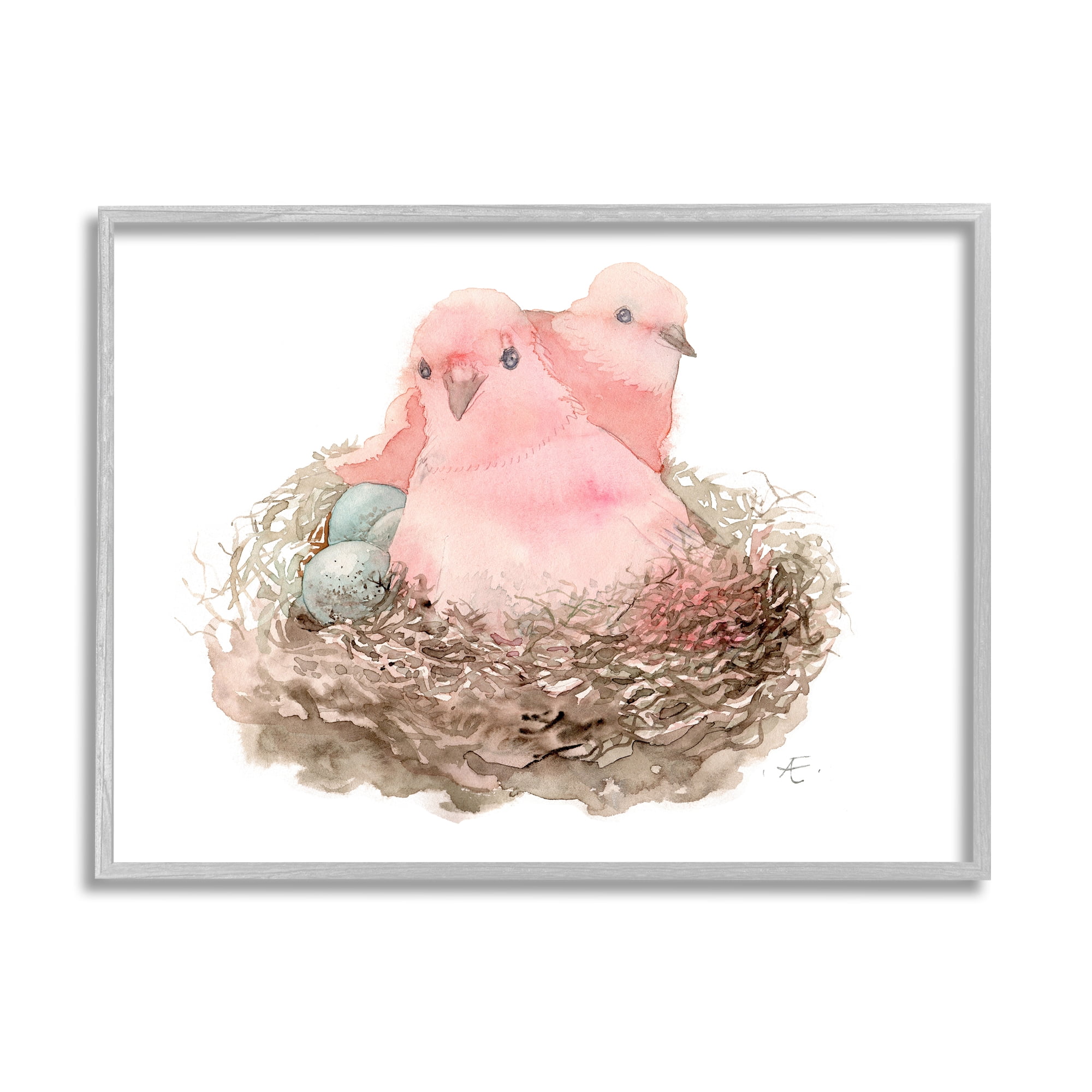 Stupell Industries Pink Birds Nesting with Soft Blue Eggs Animals & Insects Painting Gray Framed Art Print Wall Art, 16 x 20