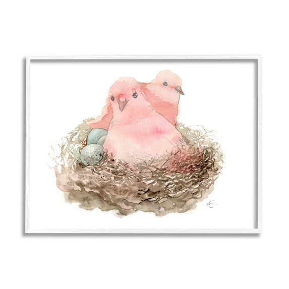 Stupell Industries Pink Birds Nesting with Soft Blue Eggs Animals & Insects Painting White Framed Art Print Wall Art, 16 x 20