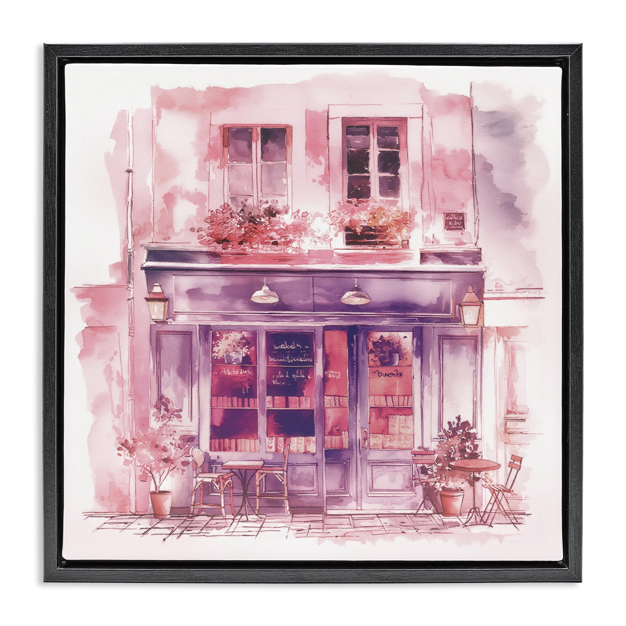 Stupell Industries Pink Bistro Café Buildings & Architecture Painting Black Floater Framed Canvas Art Print Wall Art, 25 x 25