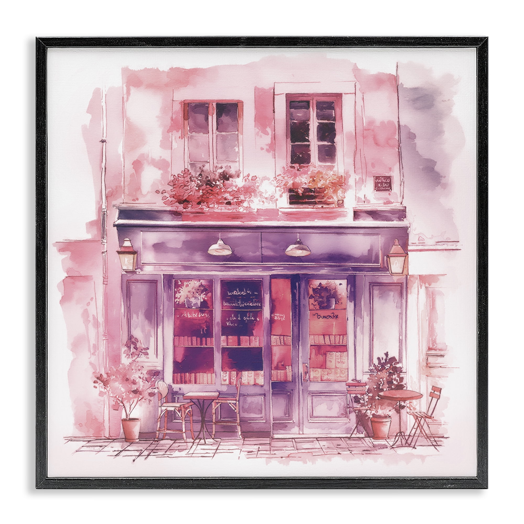 Stupell Industries Pink Bistro Café Buildings & Architecture Painting Black Framed Art Print Wall Art, 12 x 12