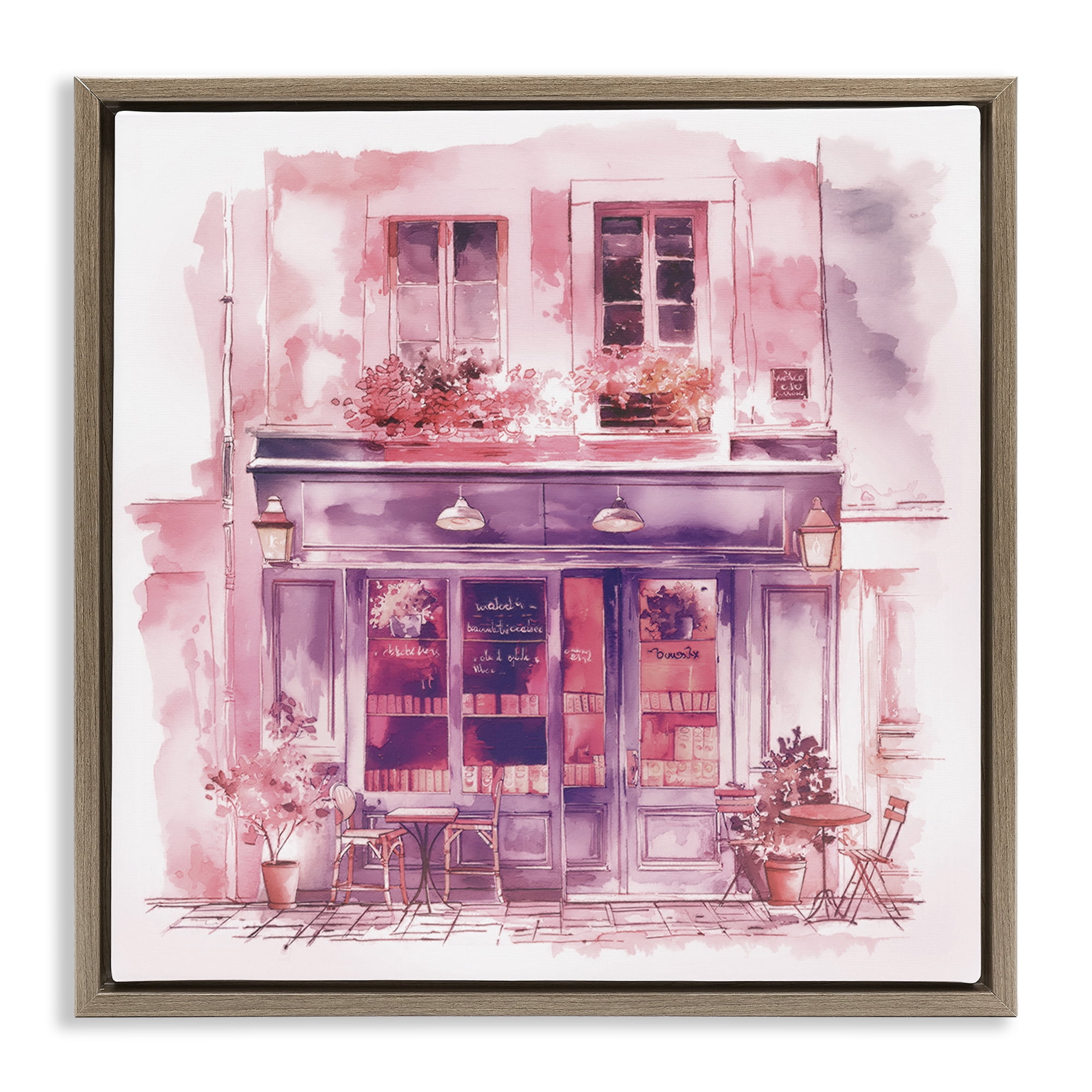 Stupell Industries Pink Bistro Café Buildings & Architecture Painting Brown Floater Framed Canvas Art Print Wall Art, 18 x 18