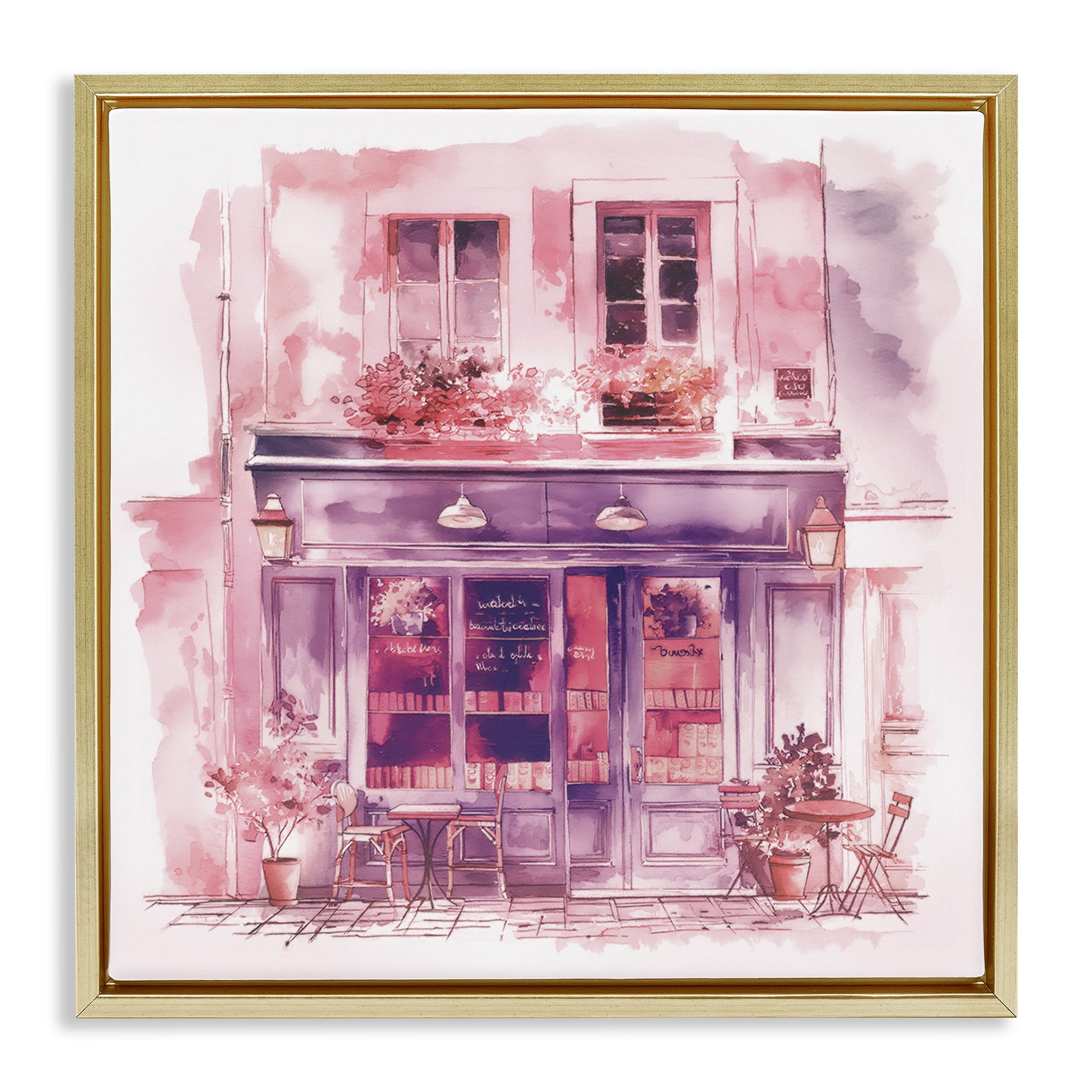Stupell Industries Pink Bistro Café Buildings & Architecture Painting Gold Floater Framed Canvas Art Print Wall Art, 25 x 25
