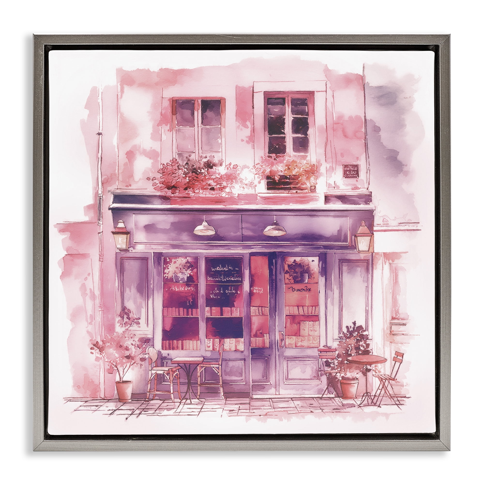 Stupell Industries Pink Bistro Café Buildings & Architecture Painting Gray Floater Framed Canvas Art Print Wall Art, 25 x 25