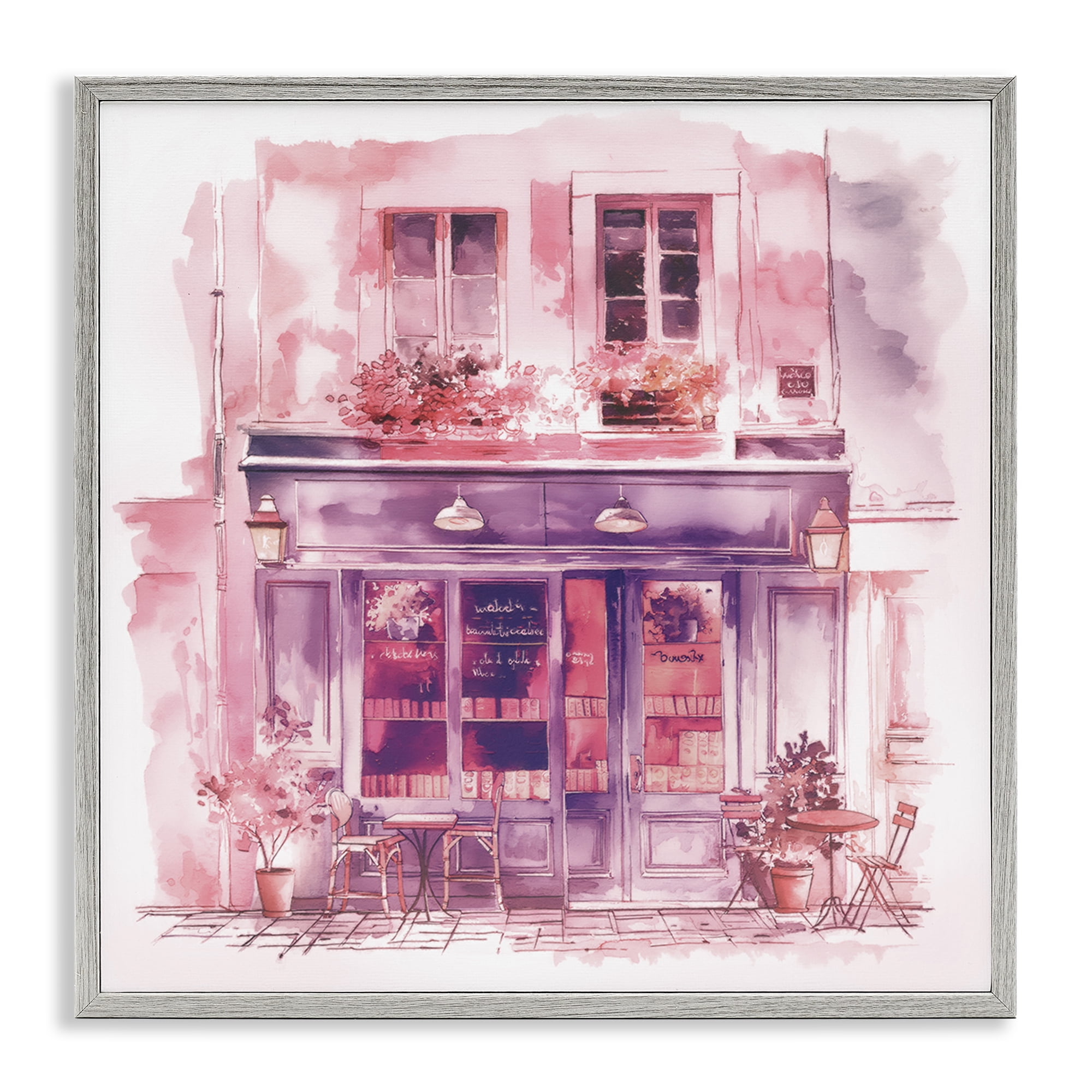 Stupell Industries Pink Bistro Café Buildings & Architecture Painting Gray Framed Art Print Wall Art, 24 x 24