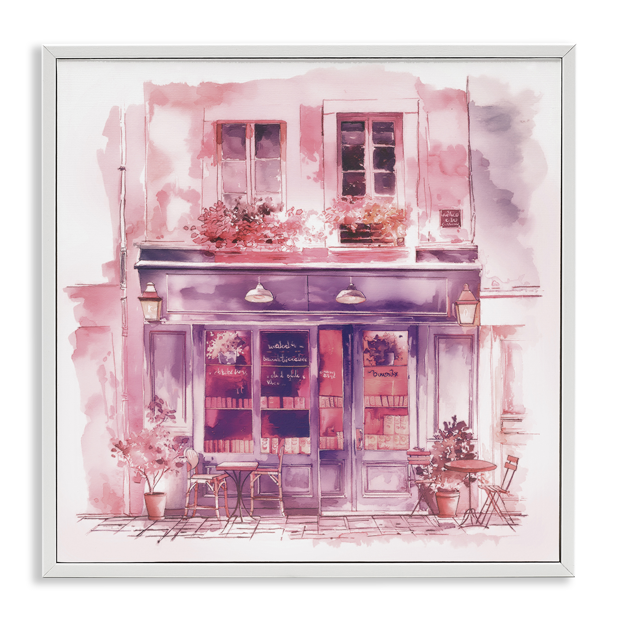Stupell Industries Pink Bistro Café Buildings & Architecture Painting White Framed Art Print Wall Art, 12 x 12