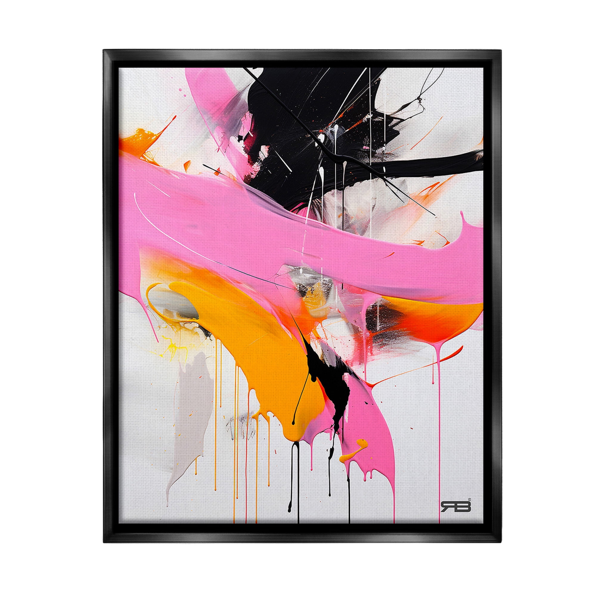 Pink, Black, and Orange Abstract Canvas Art with Black Frame, 17 x 21