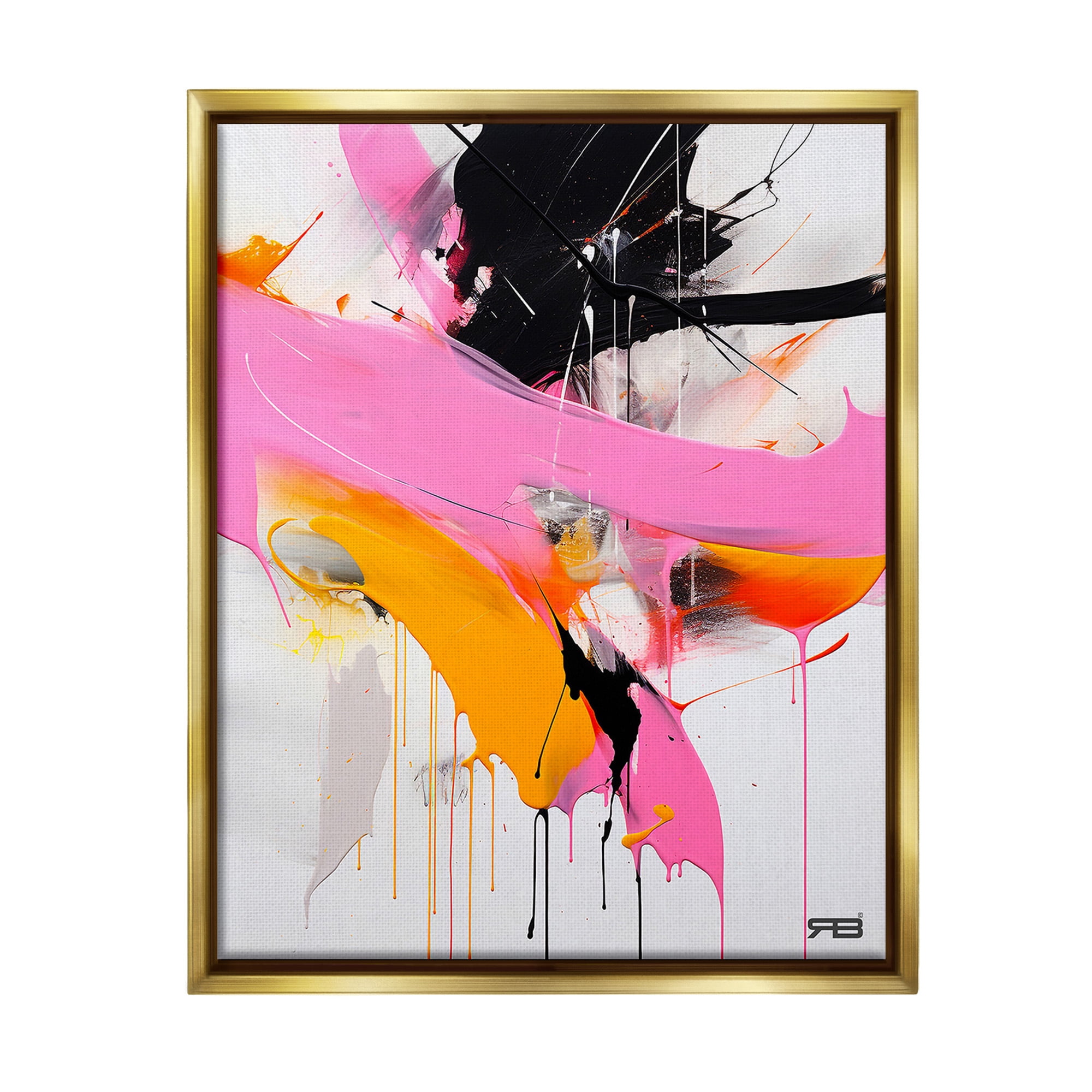 Stupell Industries Pink & Black Contemporary Abstract Painting Gold Floater Framed Canvas Art Print Wall Art, 25 x 31