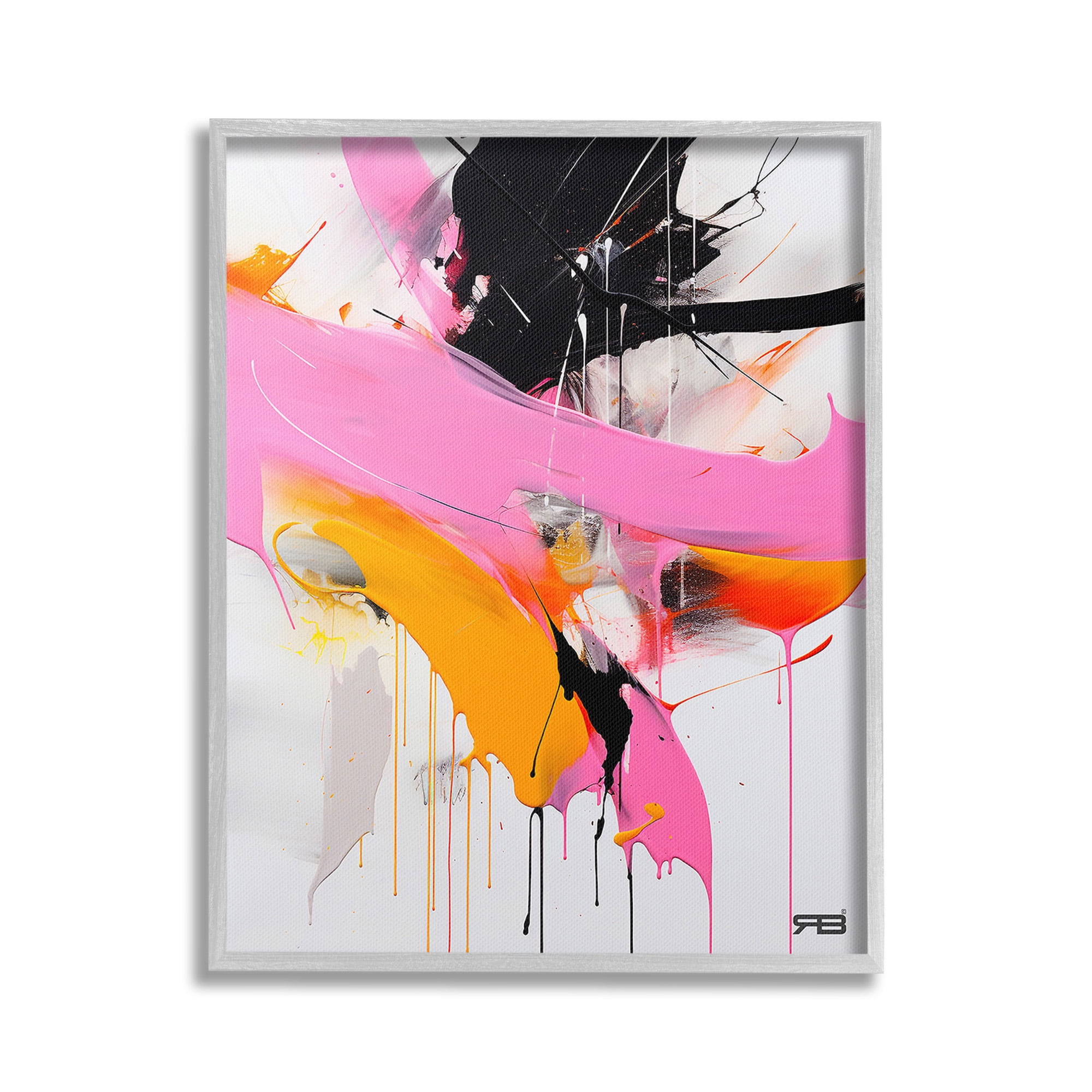 Stupell Industries Pink & Black Contemporary Abstract Painting Gray Framed Art Print Wall Art, 16 x 20