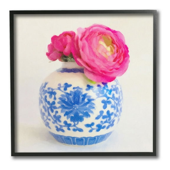 Stupell Industries Pink Bloom & Ornate Vase Botanical & Floral Painting Black Framed Art Print Wall Art, 12 x 12