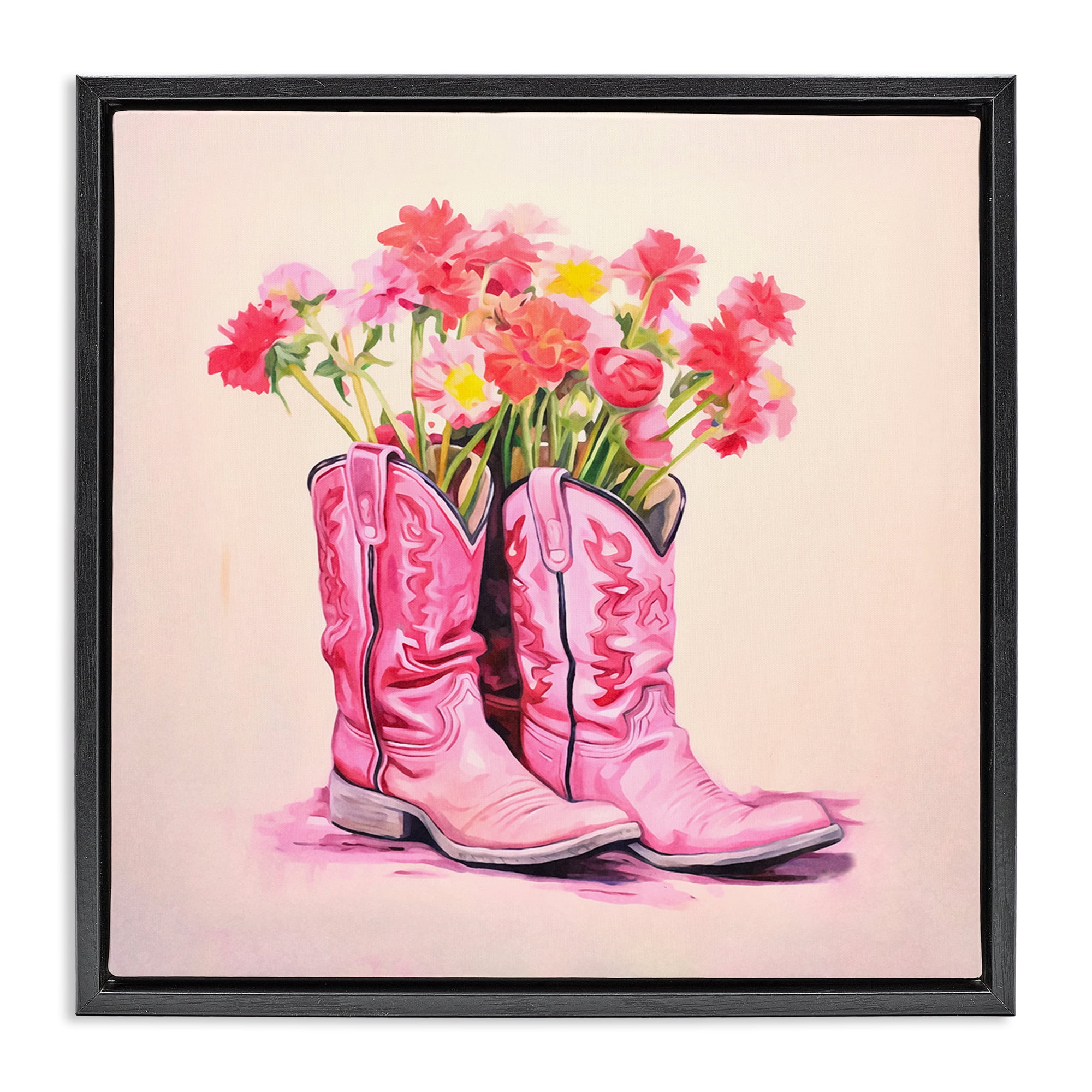 Stupell Industries Pink Blossom Boots Botanical & Floral Painting Black Floater Framed Canvas Art Print Wall Art, 25 x 25