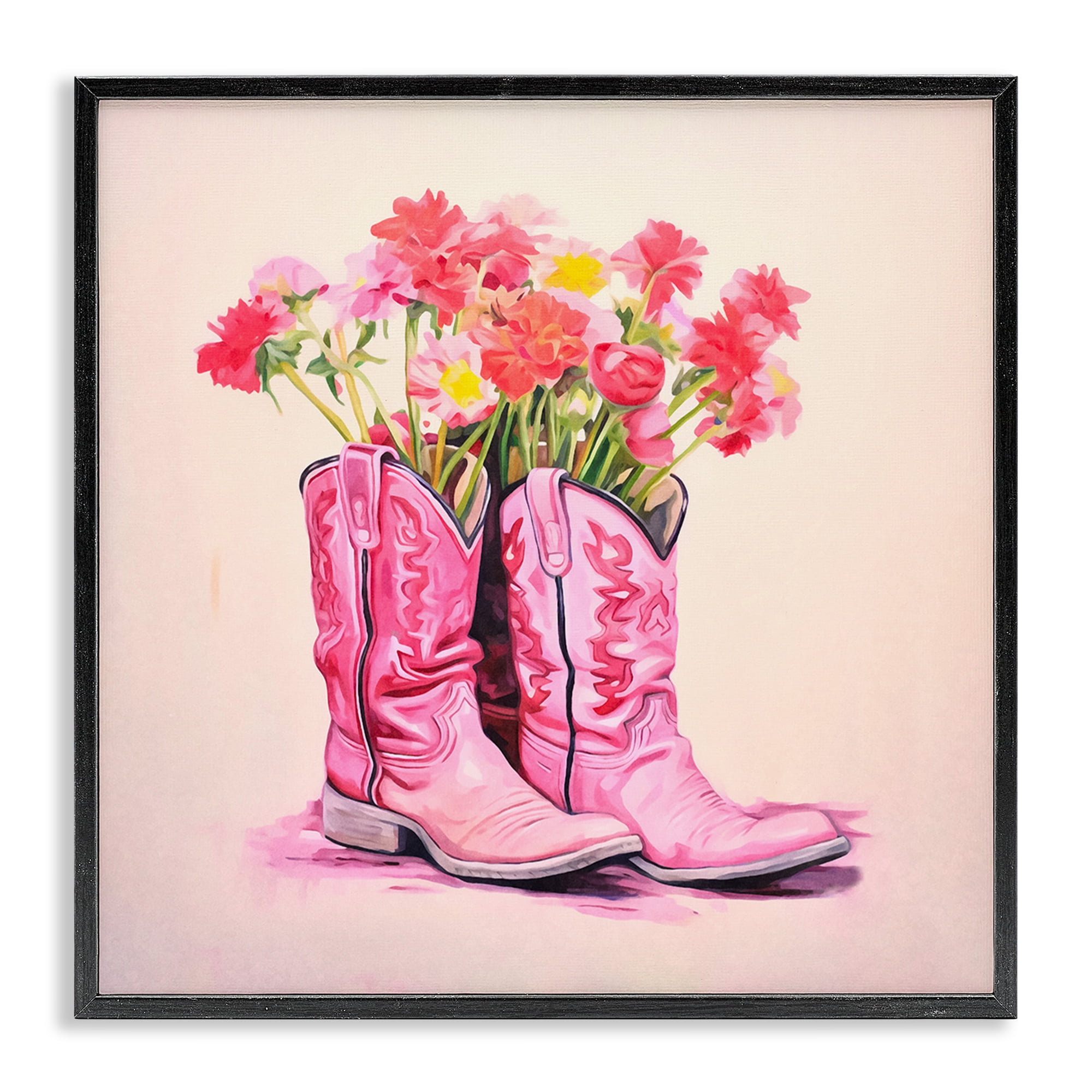 Stupell Industries Pink Blossom Boots Botanical & Floral Painting Black Framed Art Print Wall Art, 24 x 24