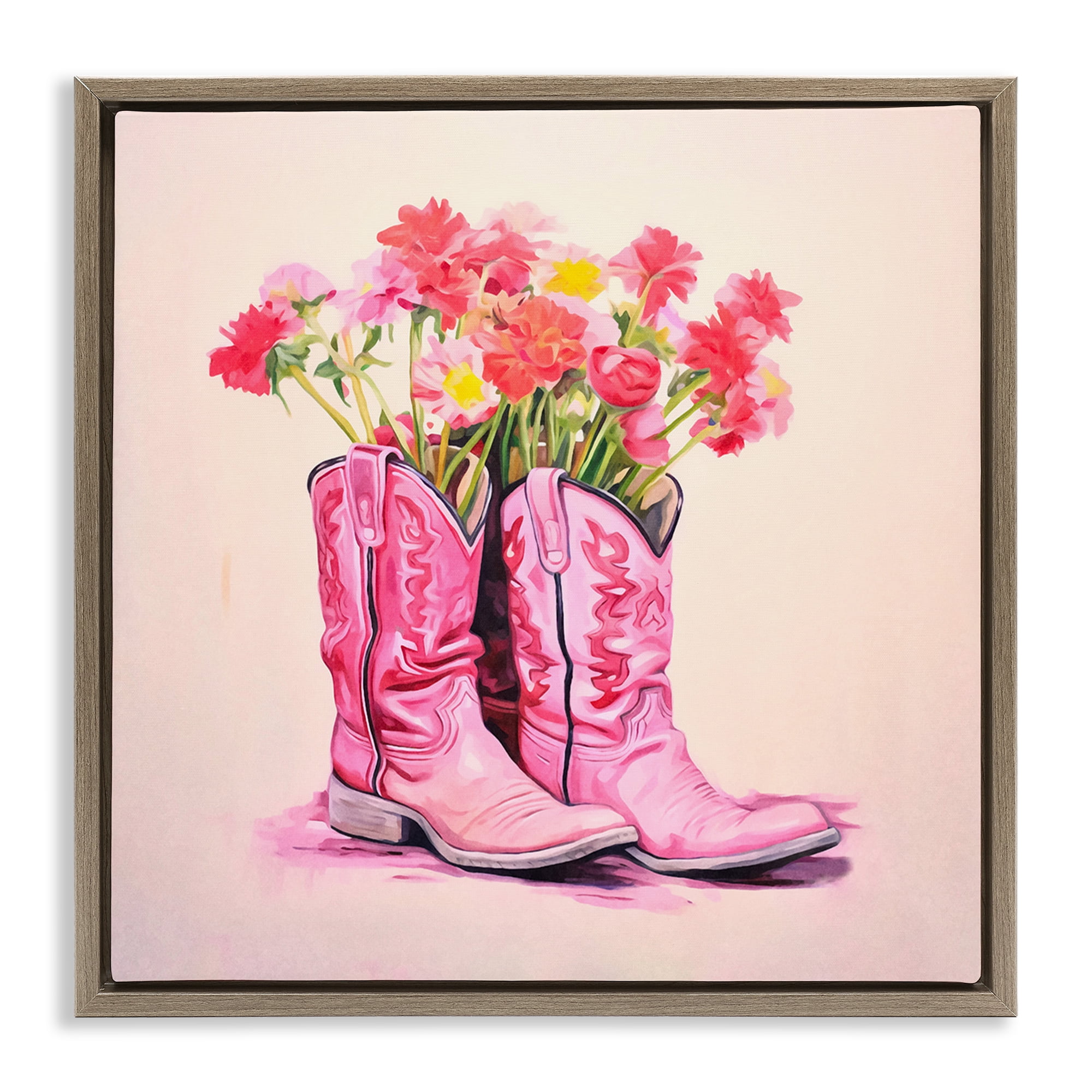 Stupell Industries Pink Blossom Boots Botanical & Floral Painting Brown Floater Framed Canvas Art Print Wall Art, 18 x 18