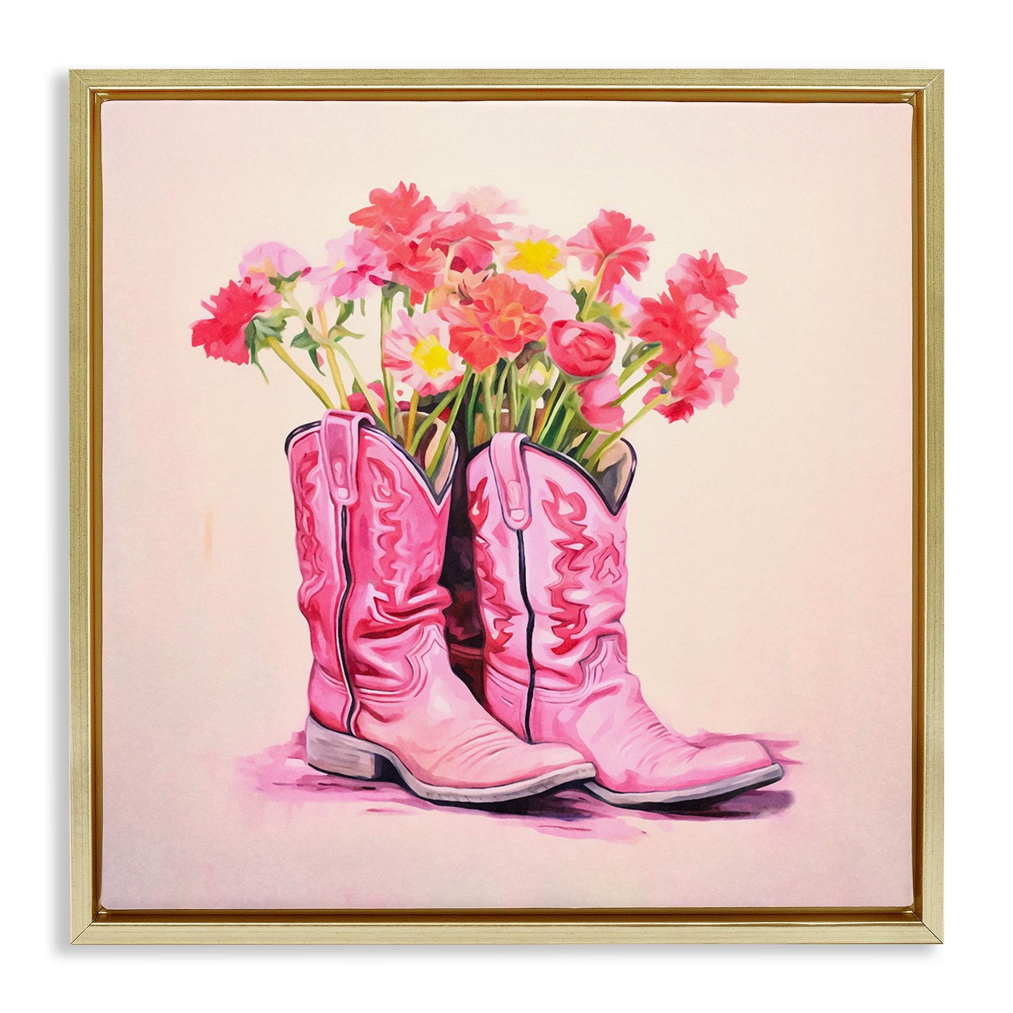 Stupell Industries Pink Blossom Boots Botanical & Floral Painting Gold Floater Framed Canvas Art Print Wall Art, 25 x 25