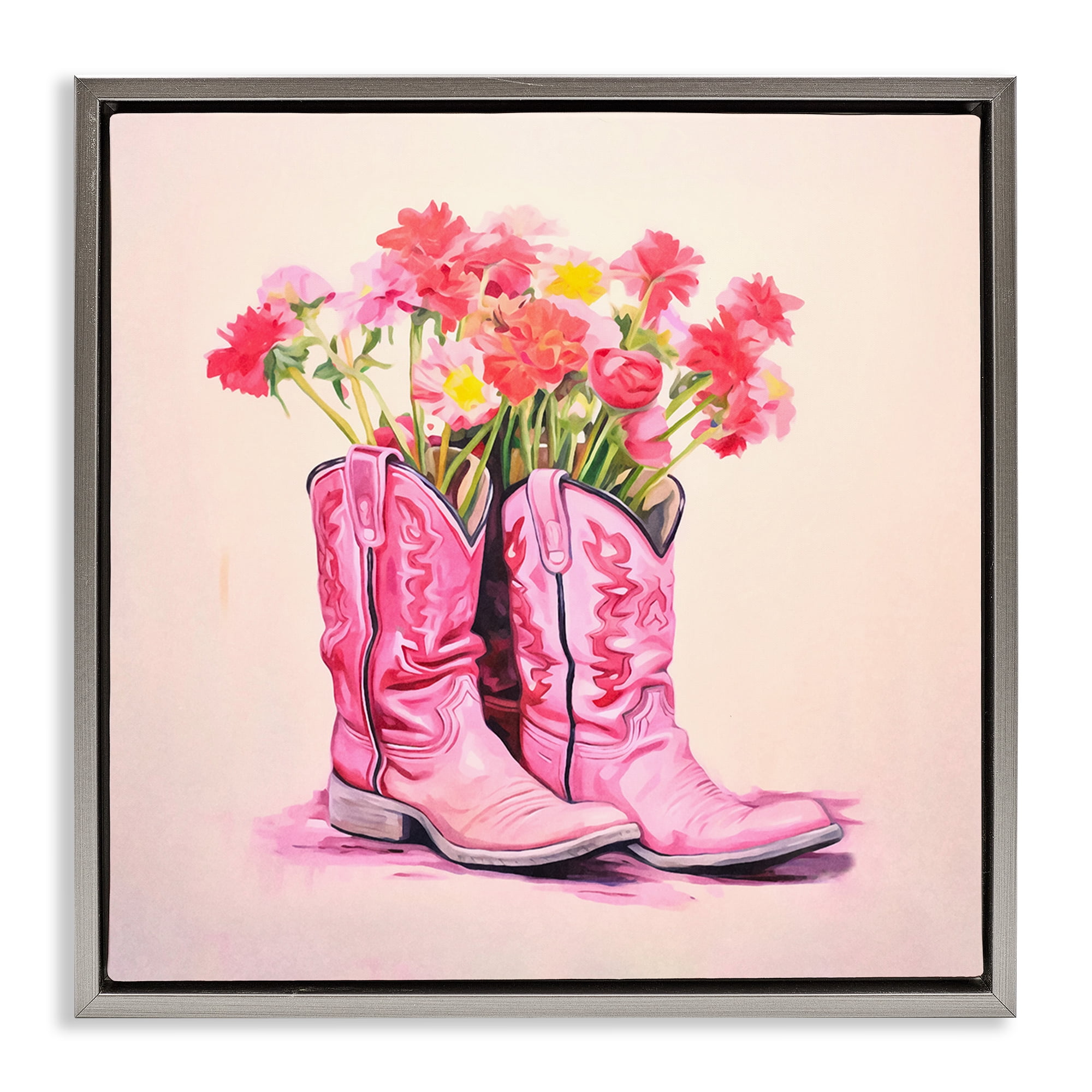 Stupell Industries Pink Blossom Boots Botanical & Floral Painting Gray Floater Framed Canvas Art Print Wall Art, 25 x 25