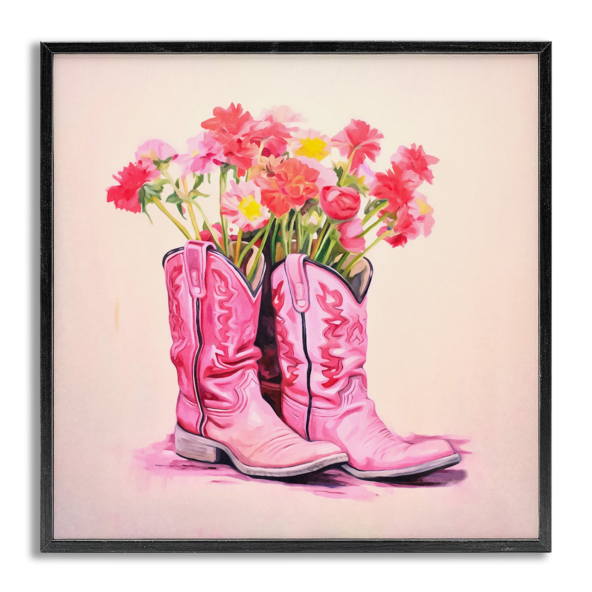 Stupell Industries Pink Blossom Boots Botanical & Floral Painting Gray Framed Art Print Wall Art, 17 x 17
