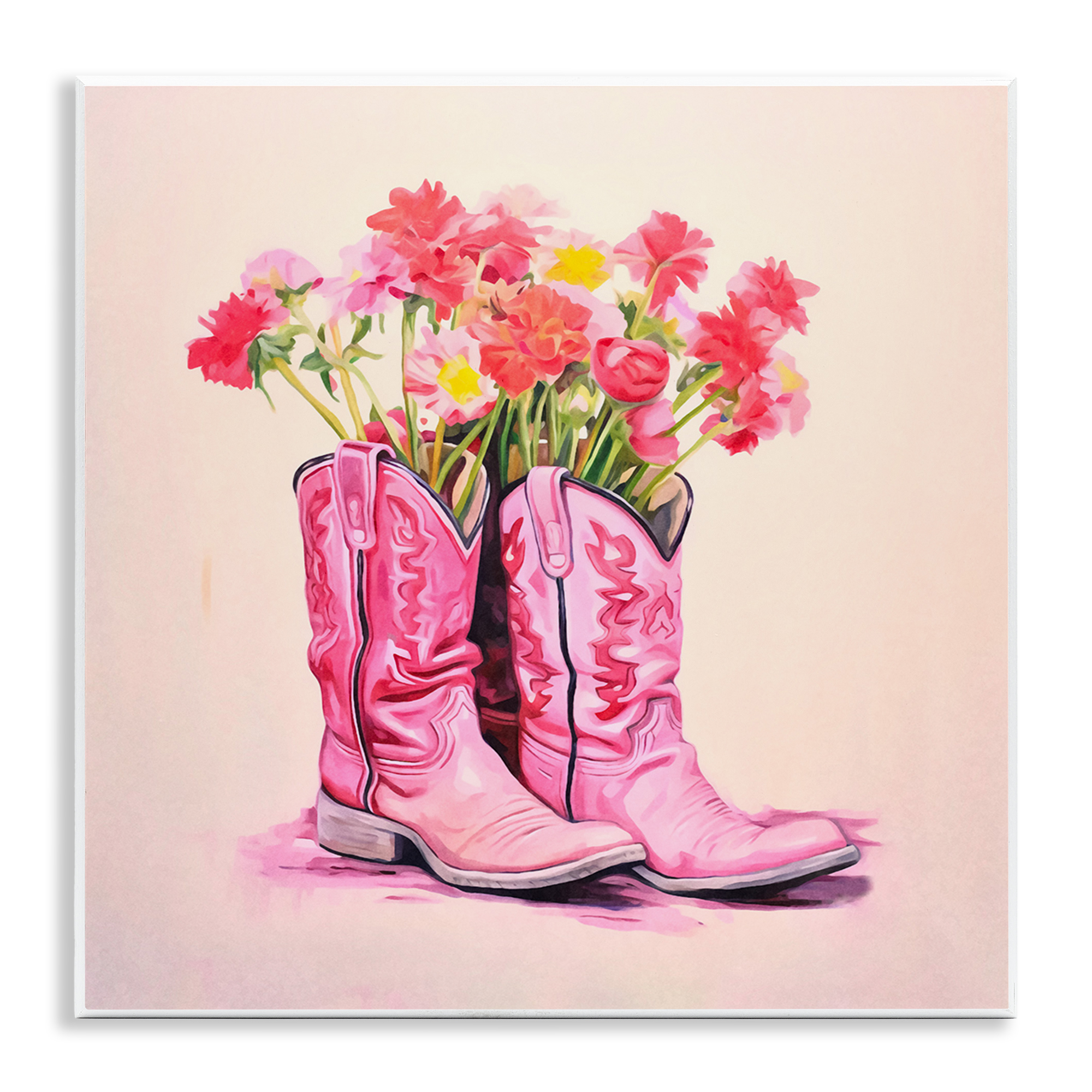 Stupell Industries Pink Blossom Boots Botanical & Floral Painting Unframed Art Print Wall Art, 12 x 12