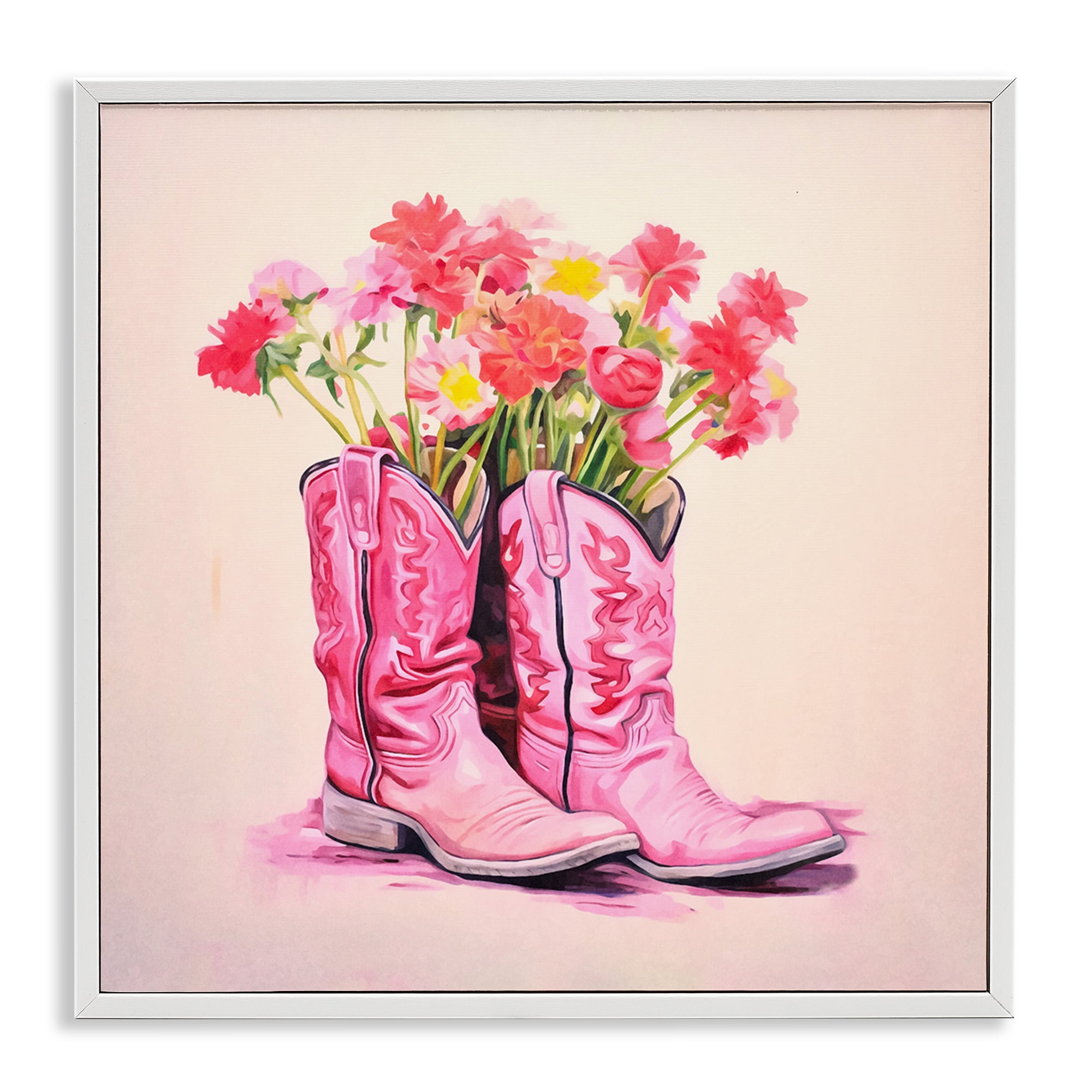 Stupell Industries Pink Blossom Boots Botanical & Floral Painting White Framed Art Print Wall Art, 17 x 17