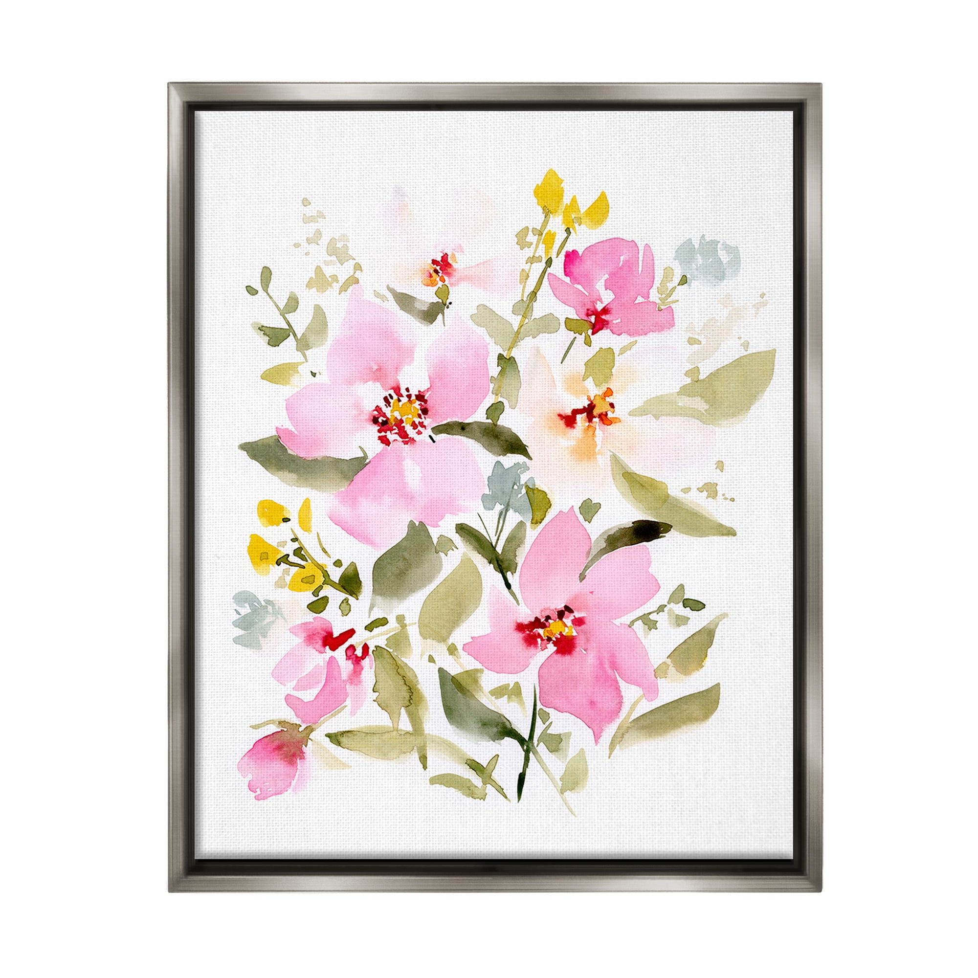 Stupell Industries Pink Blossom Pattern Botanical & Floral Painting Gray Floater Framed Canvas Art Print Wall Art, 17 x 21