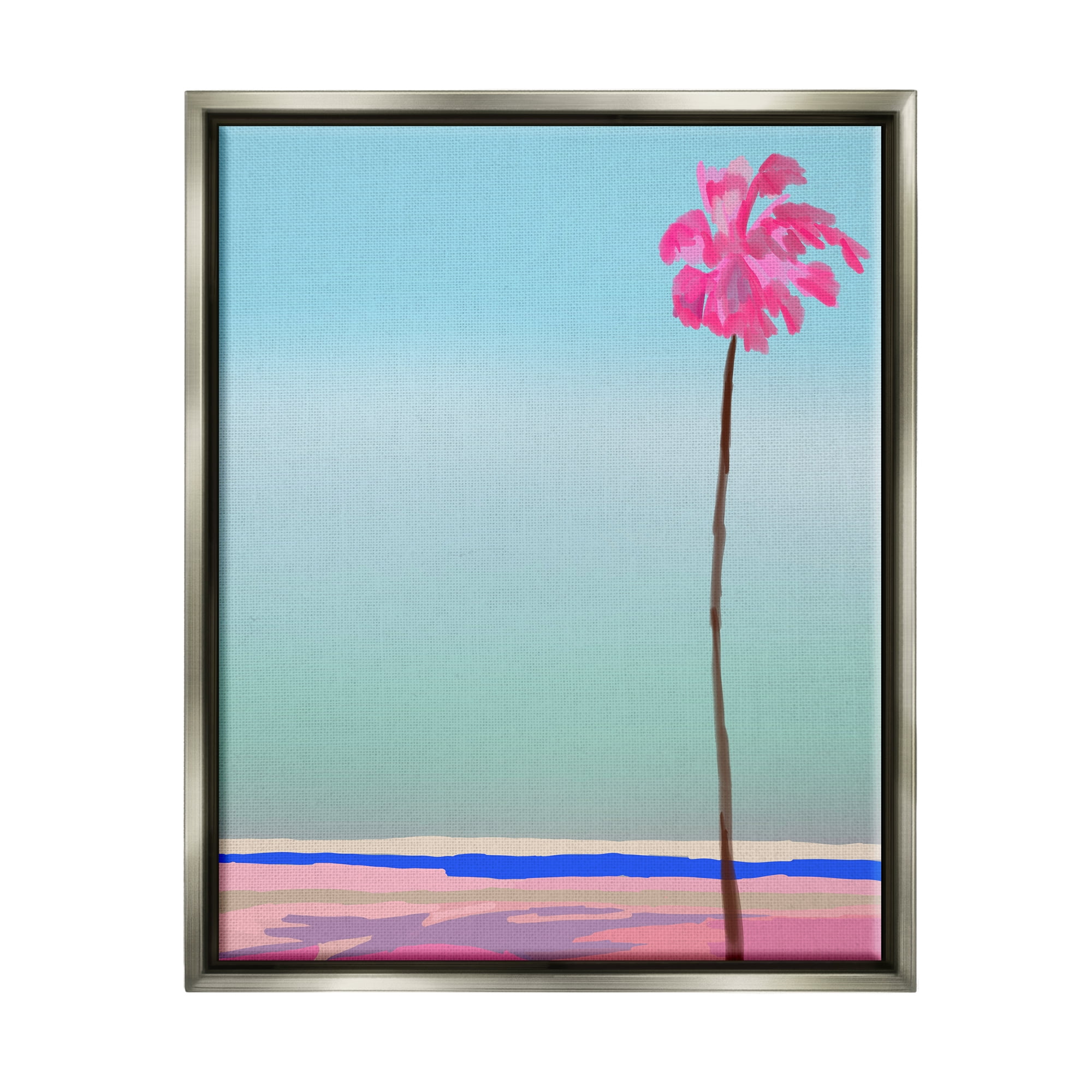 Pink and Blue Beach Palm Landscape Canvas Print with Gray Frame