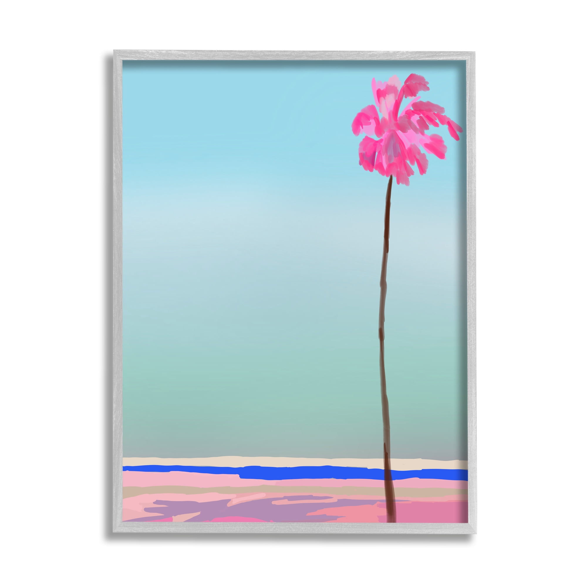 Stupell Industries Pink & Blue Beach Palm Nature Painting Gray Framed Art Print Wall Art, 24 x 30