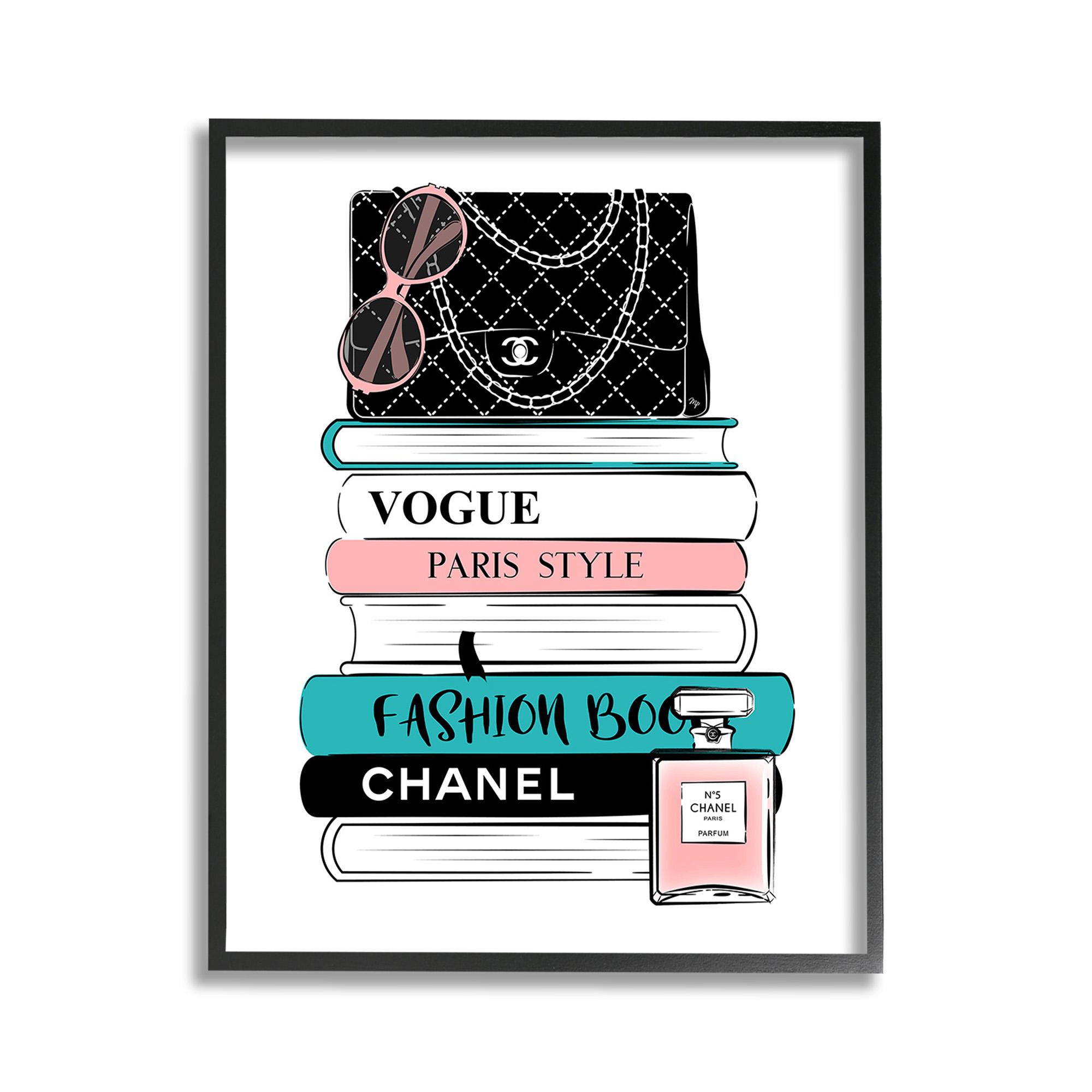 Stupell Industries Pink & Blue Bookstack Beauty & Fashion Painting Black Framed Art Print Wall Art, 11 x 14