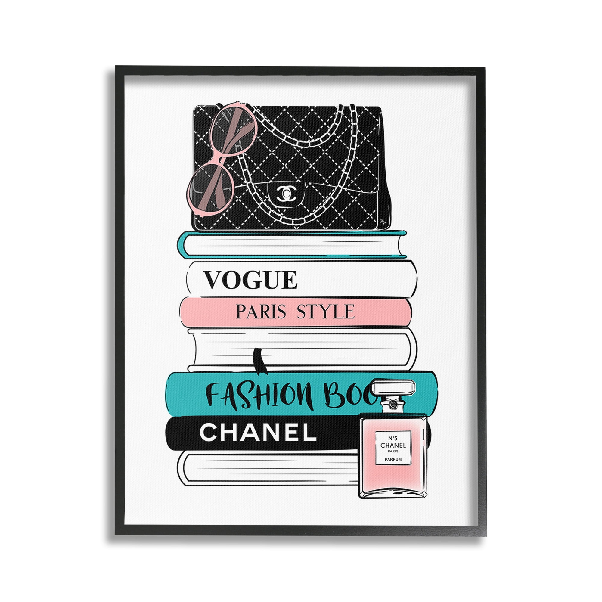 Stupell Industries Pink & Blue Bookstack Beauty & Fashion Painting Black Framed Art Print Wall Art, 16 x 20