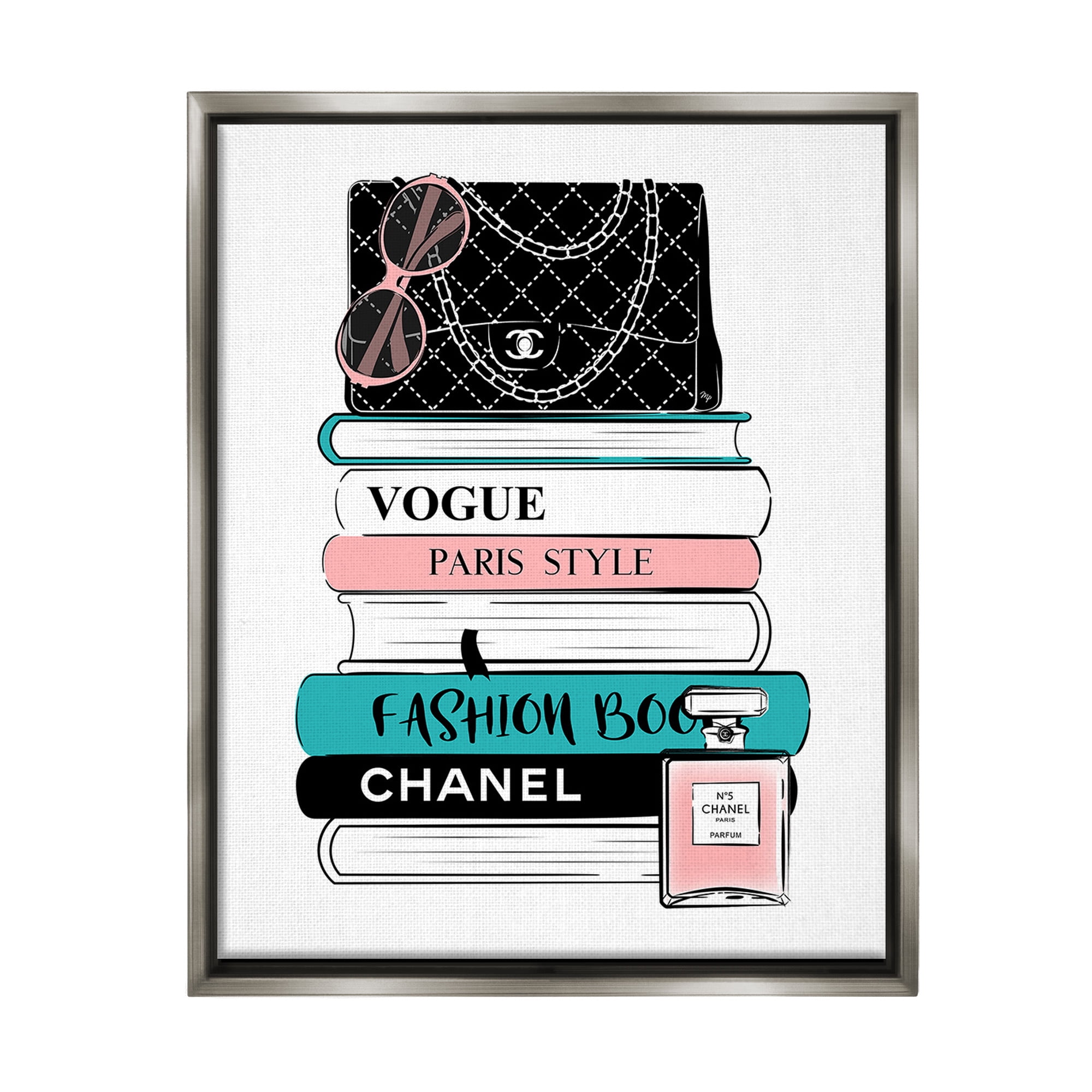Stupell Industries Pink & Blue Bookstack Beauty & Fashion Painting Gray Floater Framed Canvas Art Print Wall Art, 25 x 31