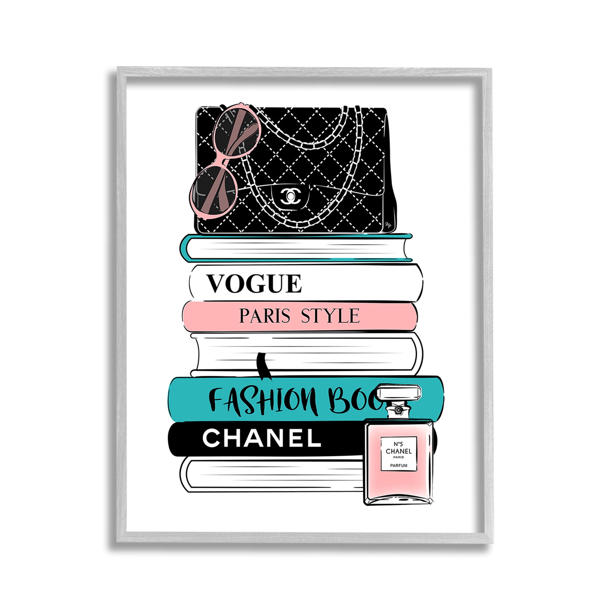 Stupell Industries Pink & Blue Bookstack Beauty & Fashion Painting Gray Framed Art Print Wall Art, 11 x 14