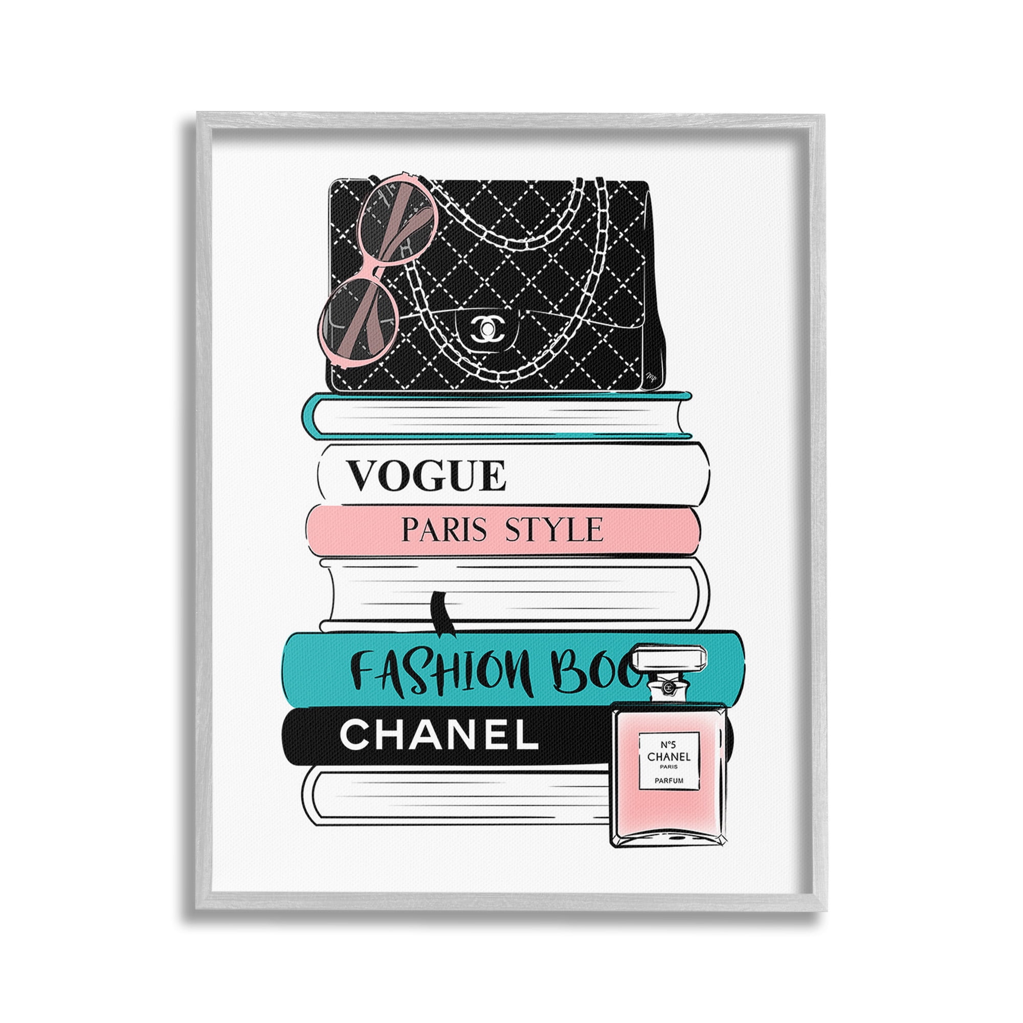 Stupell Industries Pink & Blue Bookstack Beauty & Fashion Painting Gray Framed Art Print Wall Art, 24 x 30