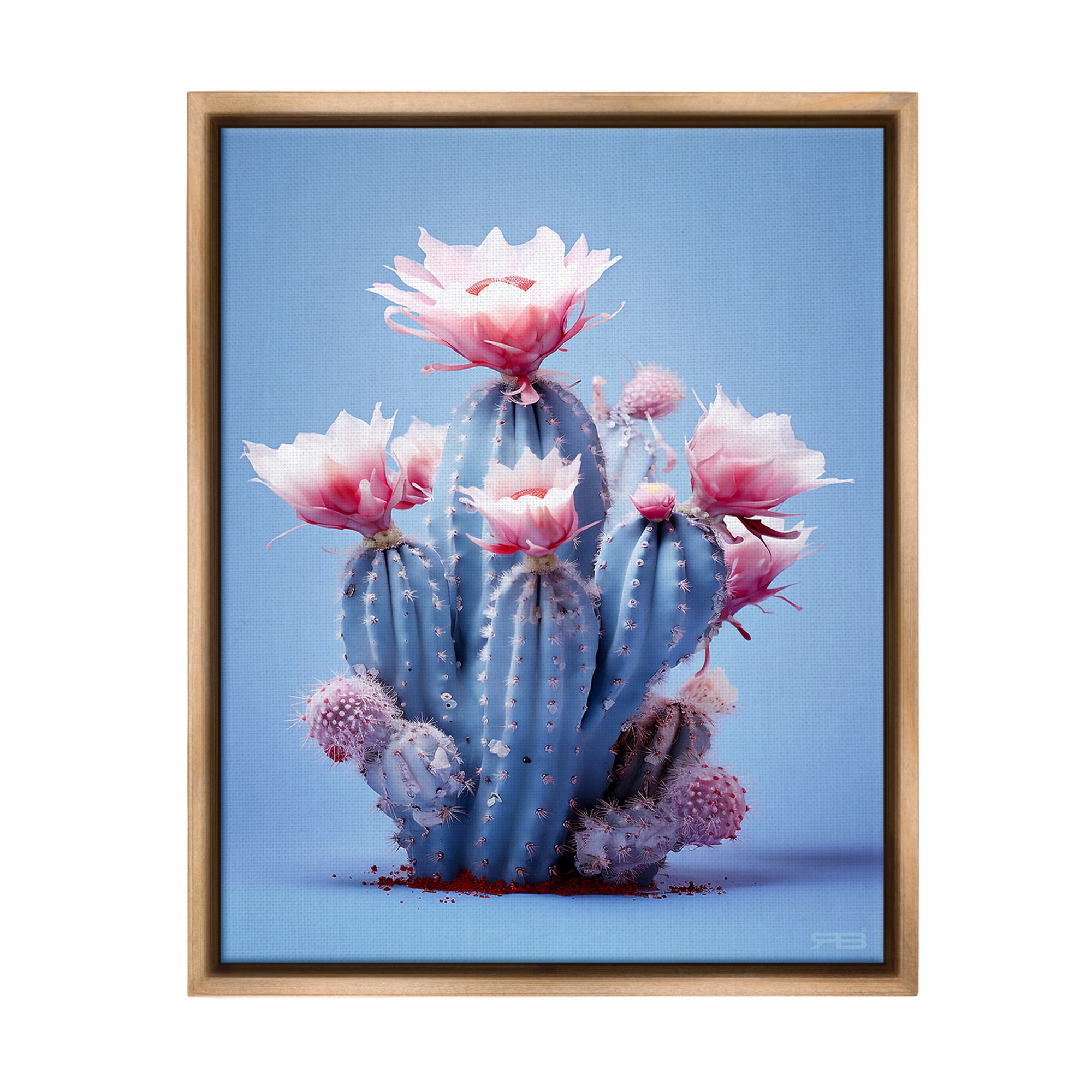 Stupell Industries Pink & Blue Cactus Flowers Botanical & Floral Painting Brown Floater Framed Canvas Art Print Wall Art, 25 x 31