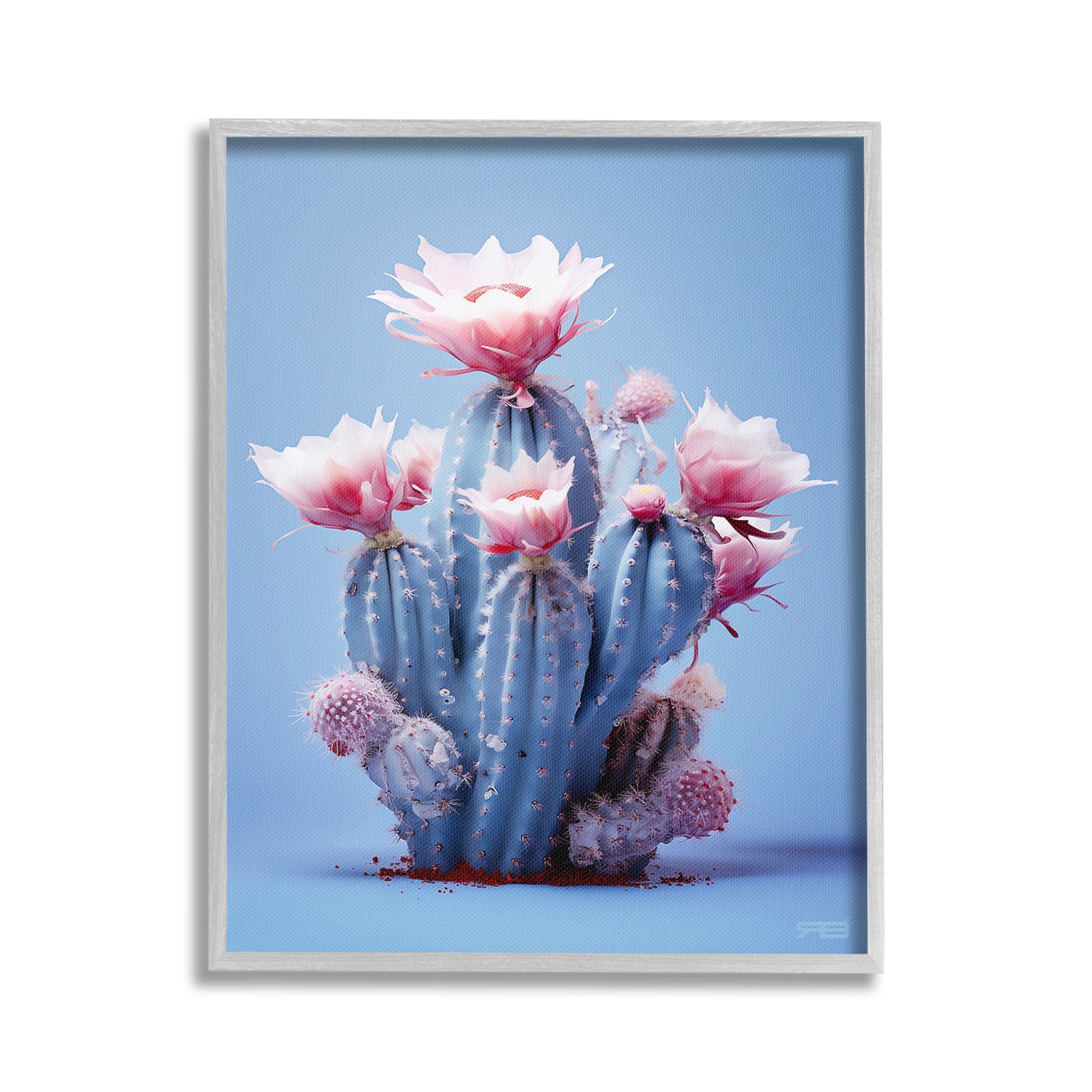 Stupell Industries Pink & Blue Cactus Flowers Botanical & Floral Painting Gray Framed Art Print Wall Art, 16 x 20