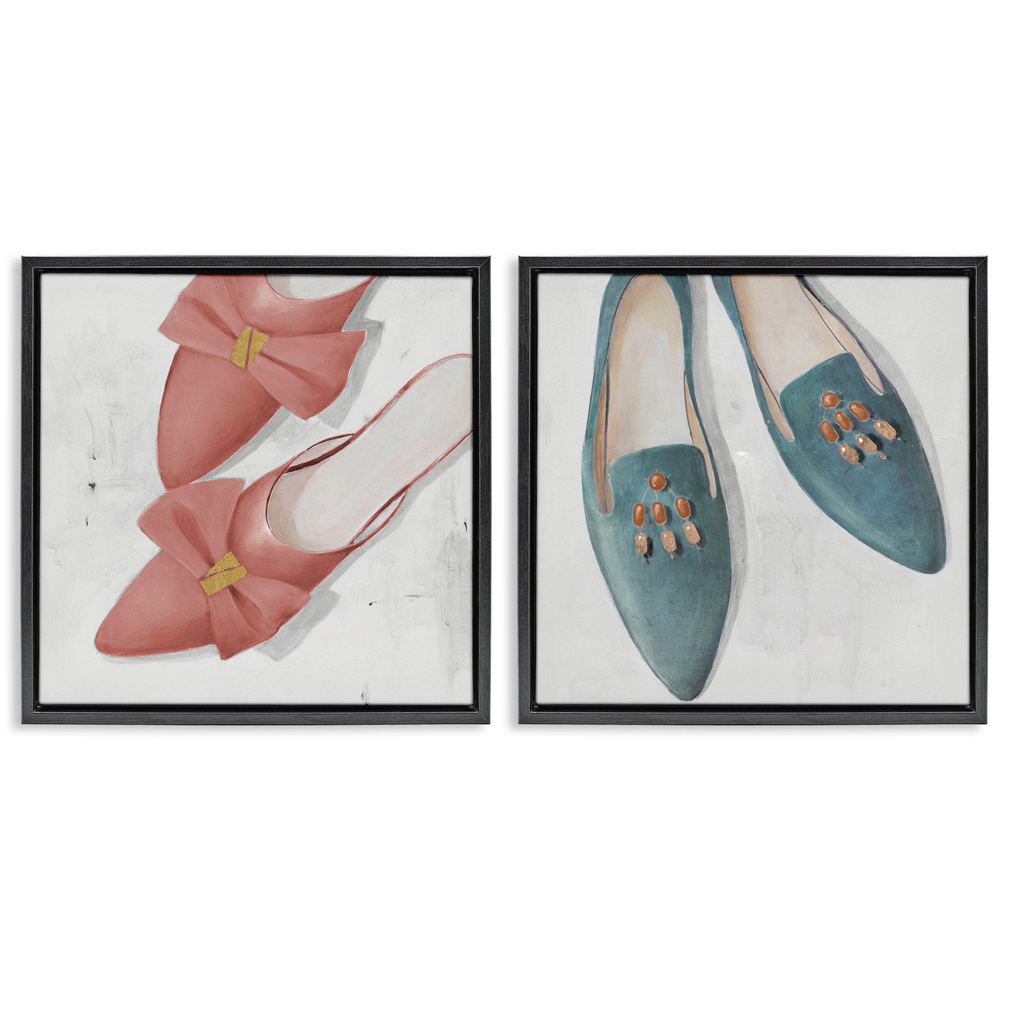 Stupell Industries Pink & Blue Fashion Flats Fashion Painting Black Floater Framed Canvas Art Print Wall Art, 25 x 25, Set of 2