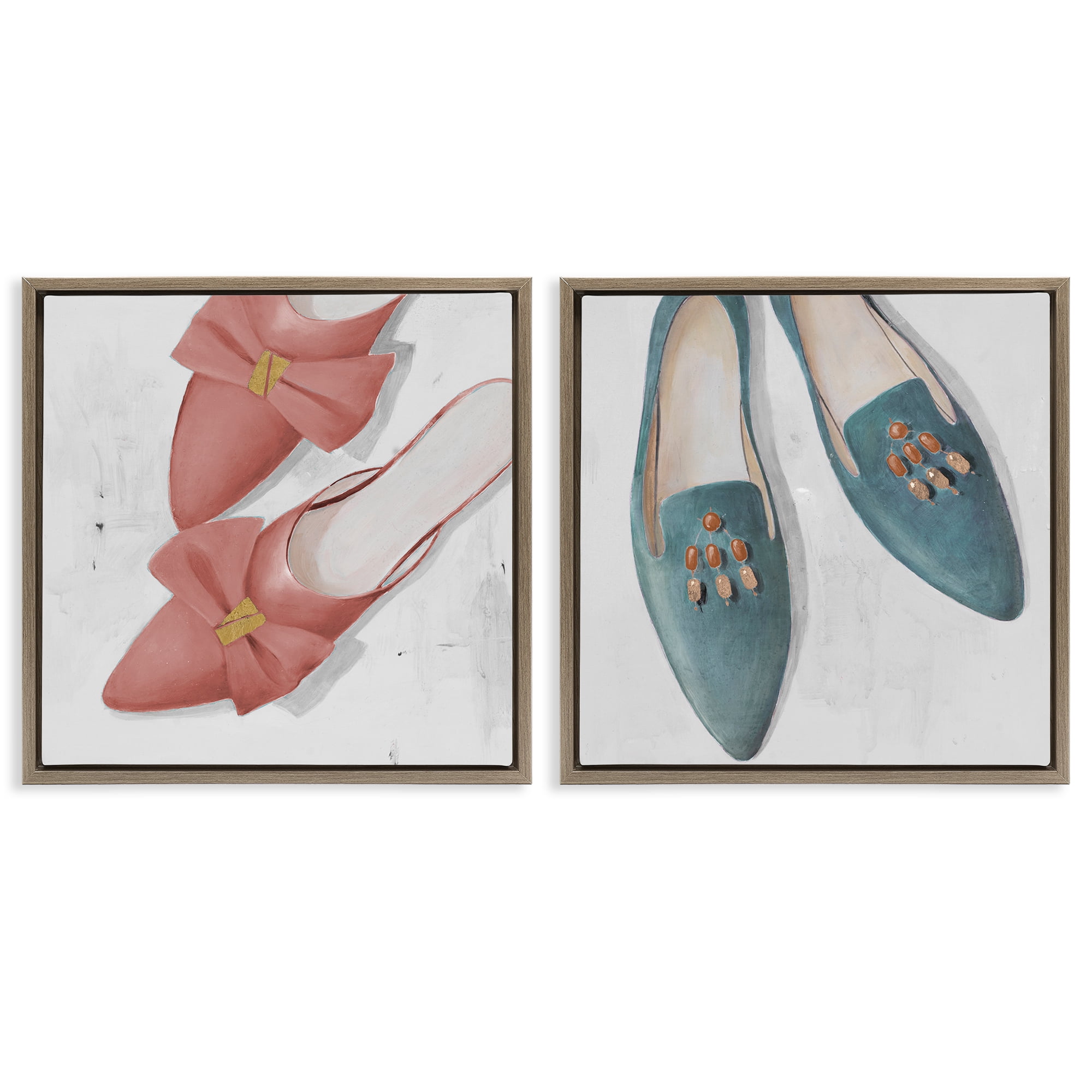 Stupell Industries Pink & Blue Fashion Flats Fashion Painting Brown Floater Framed Canvas Art Print Wall Art, 18 x 18, Set of 2