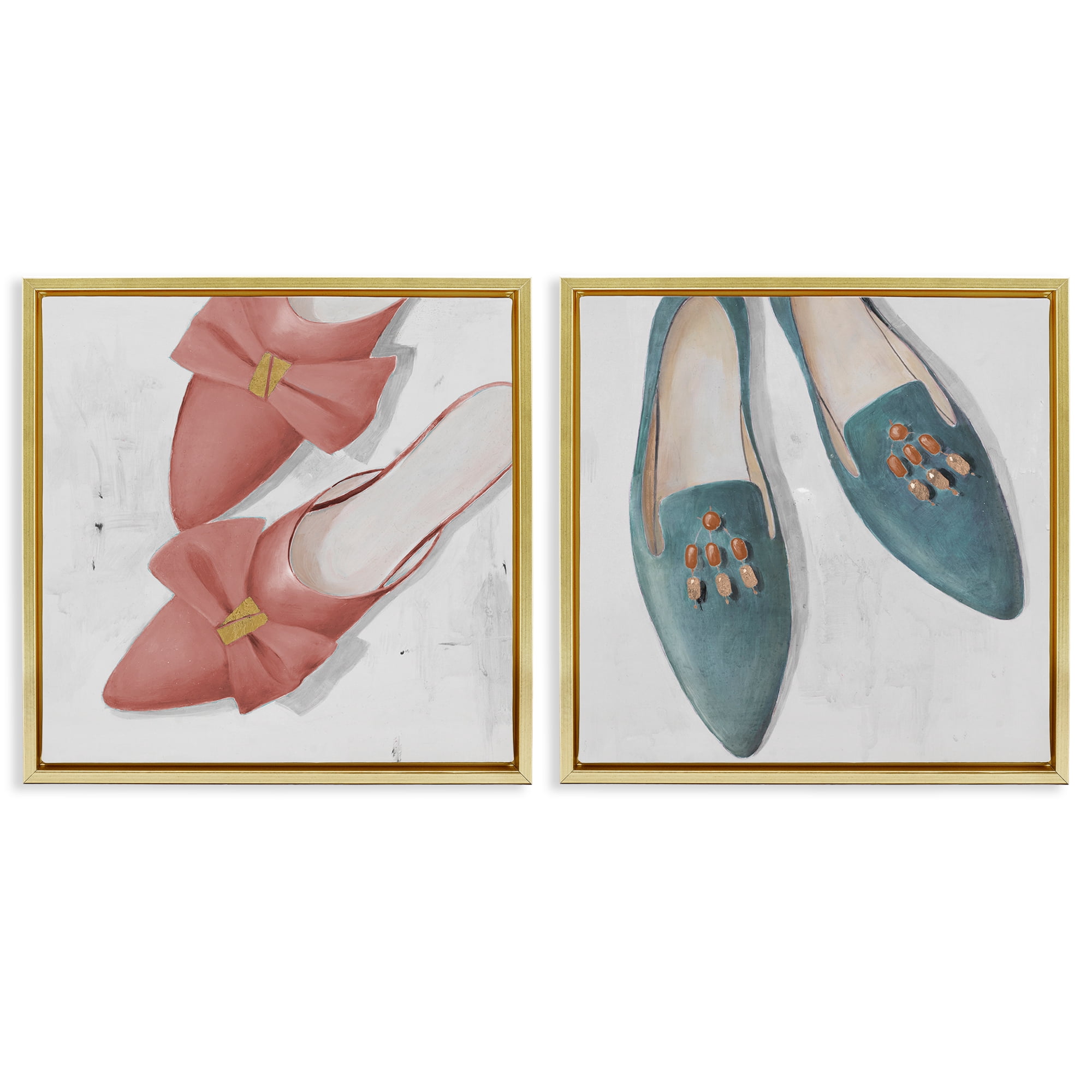 Stupell Industries Pink & Blue Fashion Flats Fashion Painting Gold Floater Framed Canvas Art Print Wall Art, 25 x 25, Set of 2