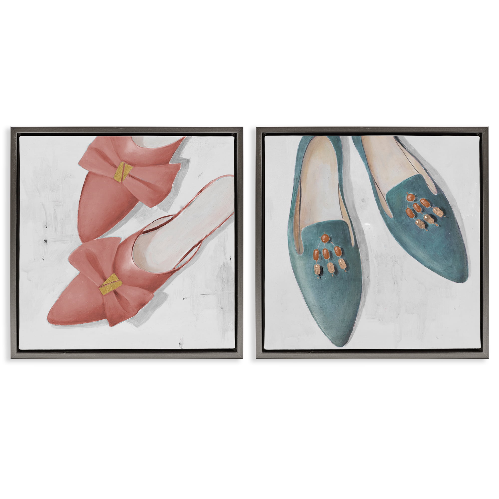 Stupell Industries Pink & Blue Fashion Flats Fashion Painting Gray Floater Framed Canvas Art Print Wall Art, 25 x 25, Set of 2