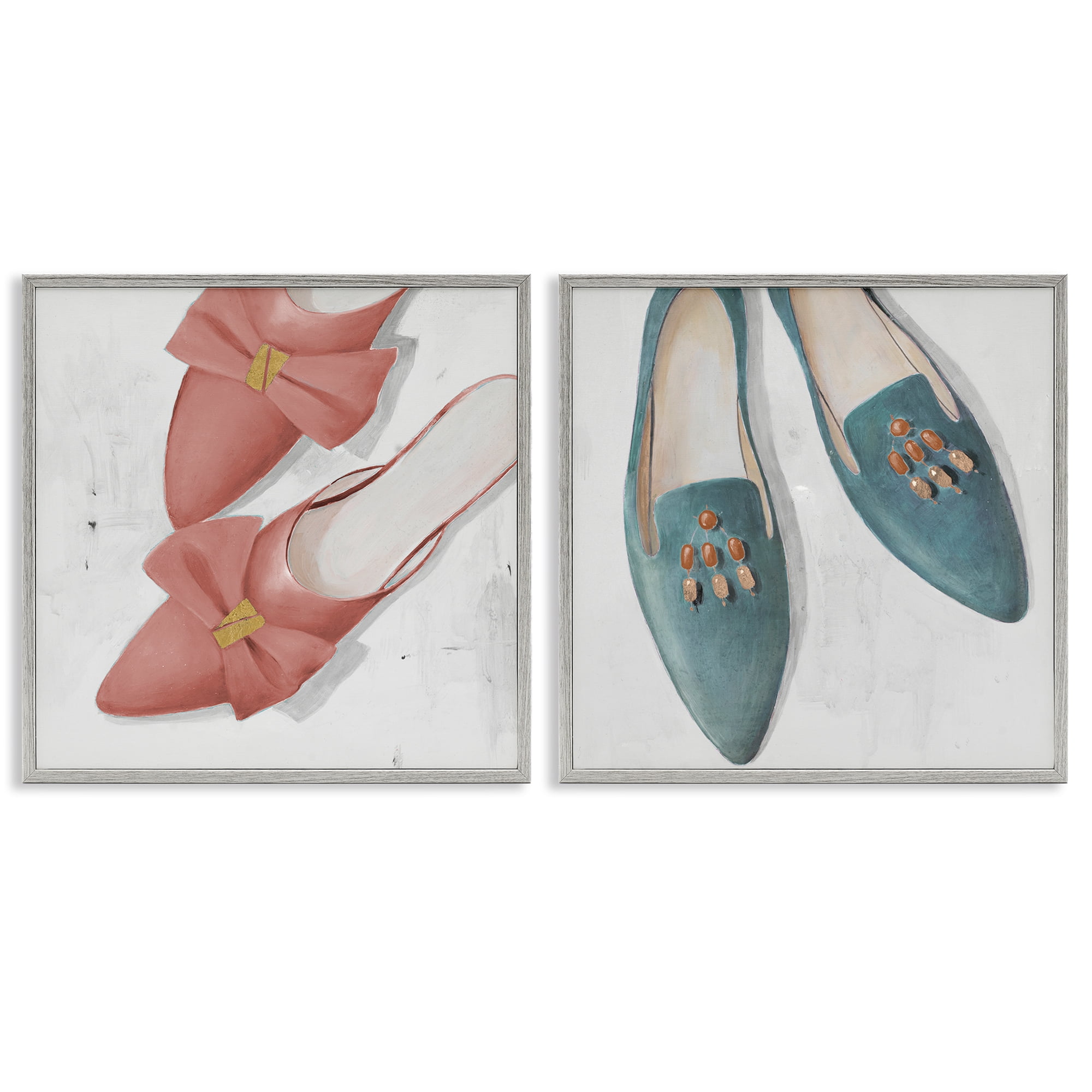 Stupell Industries Pink & Blue Fashion Flats Fashion Painting Gray Framed Art Print Wall Art, 12 x 12, Set of 2