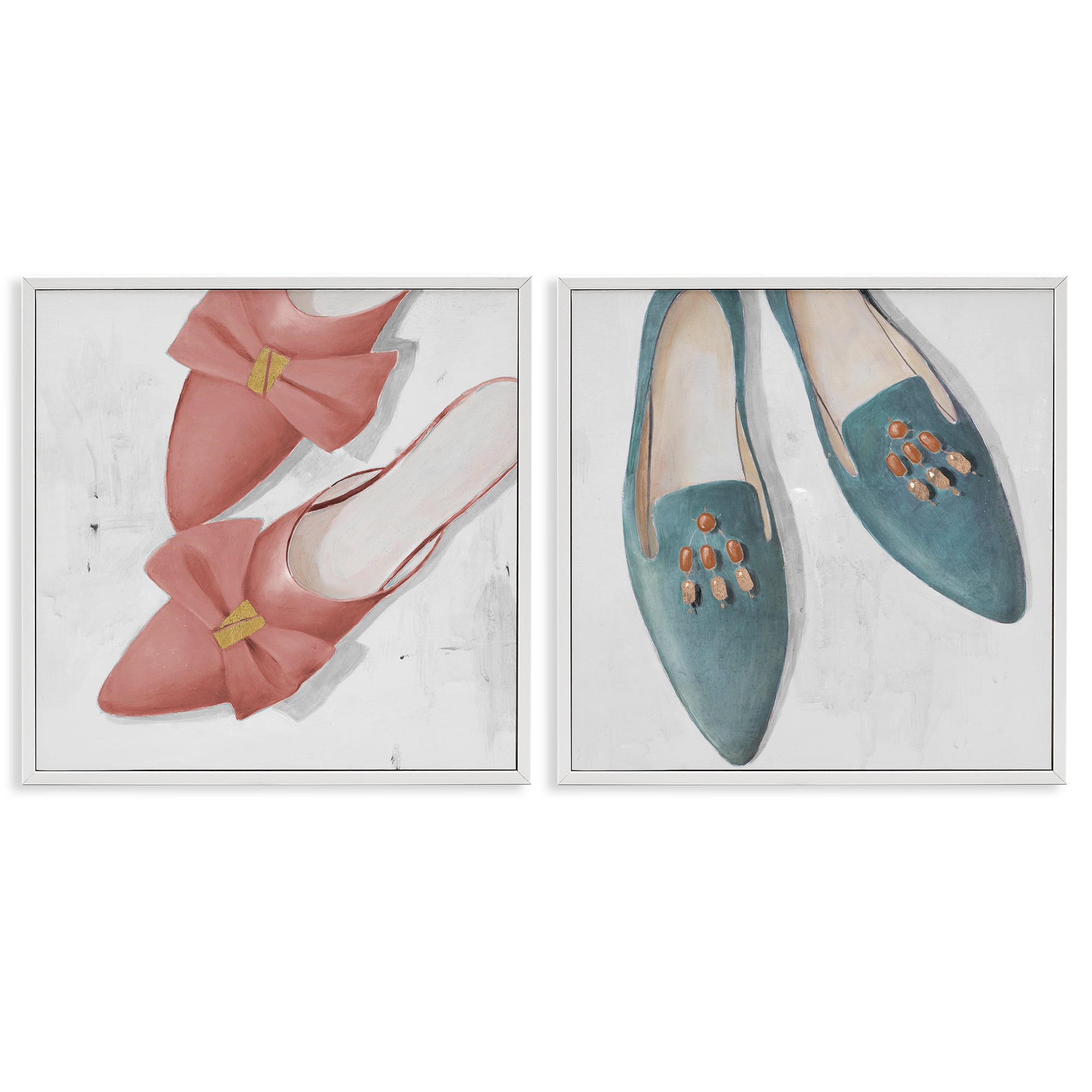 Stupell Industries Pink & Blue Fashion Flats Fashion Painting White Framed Art Print Wall Art, 24 x 24, Set of 2