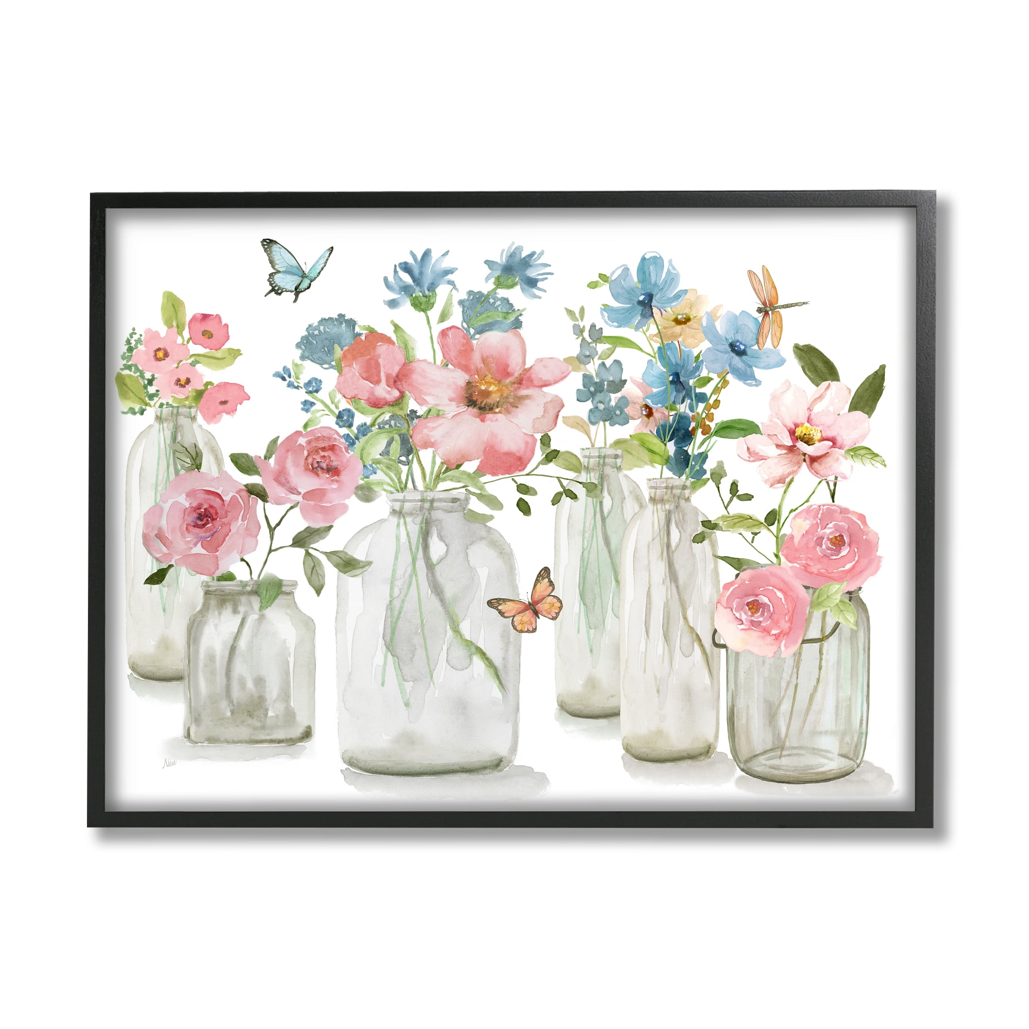 Stupell Industries Pink & Blue Flowers Botanical & Floral Painting Black Framed Art Print Wall Art, 30 x 24