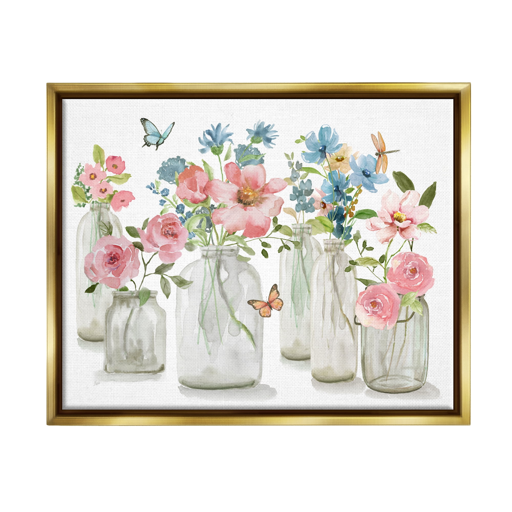 Stupell Industries Pink & Blue Flowers Botanical & Floral Painting Gold Floater Framed Canvas Art Print Wall Art, 21 x 17