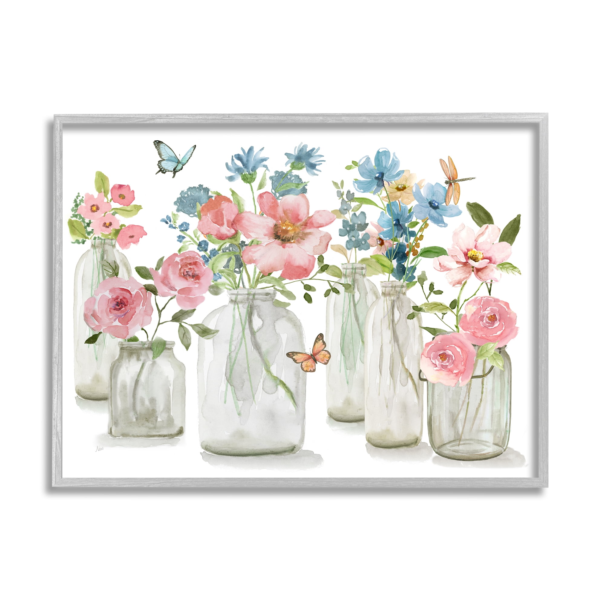 Stupell Industries Pink & Blue Flowers Botanical & Floral Painting Gray Framed Art Print Wall Art, 14 x 11