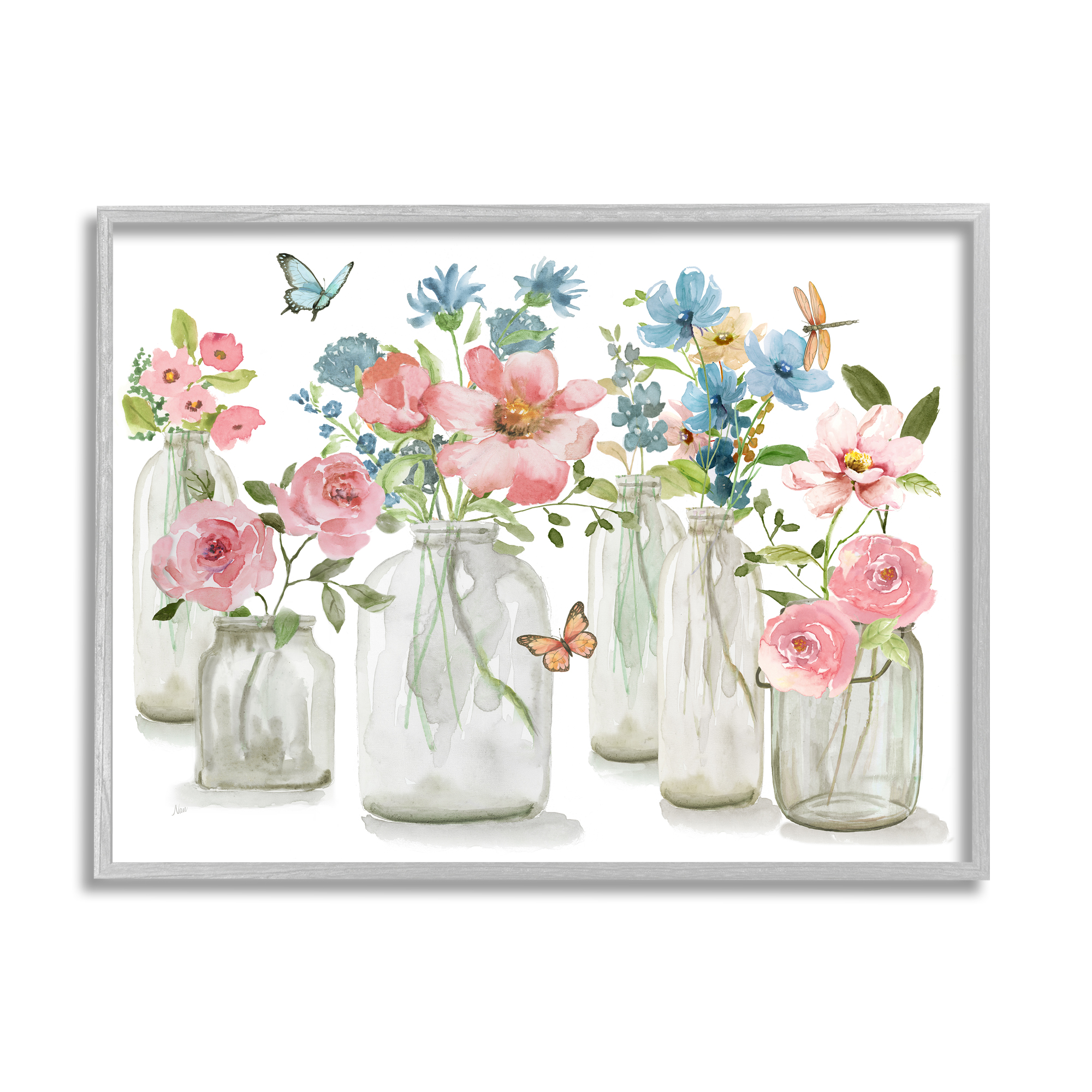 Stupell Industries Pink & Blue Flowers Botanical & Floral Painting Gray Framed Art Print Wall Art, 20 x 16