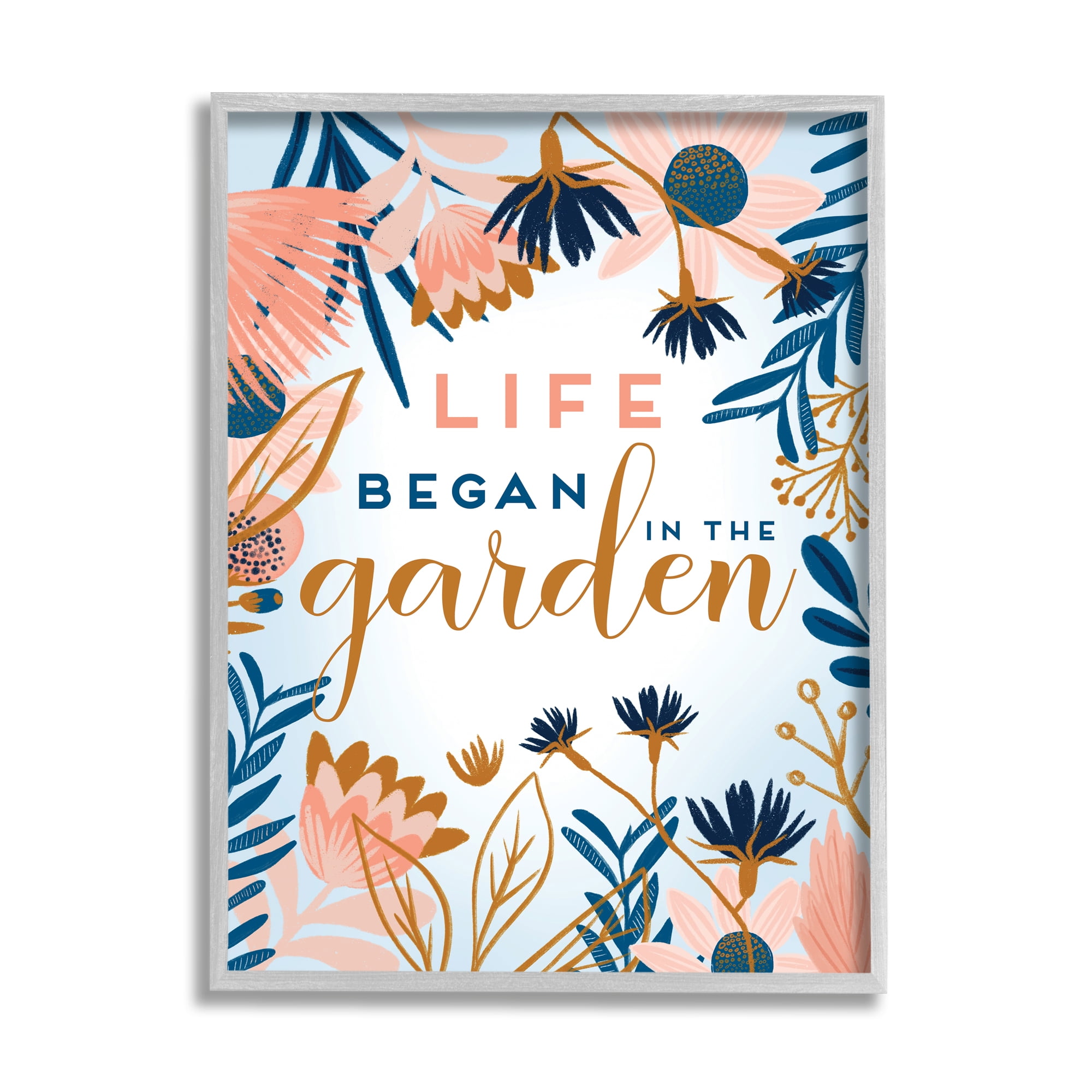 Stupell Industries Pink & Blue Gardening Botanical & Floral Painting Gray Framed Art Print Wall Art, 11 x 14