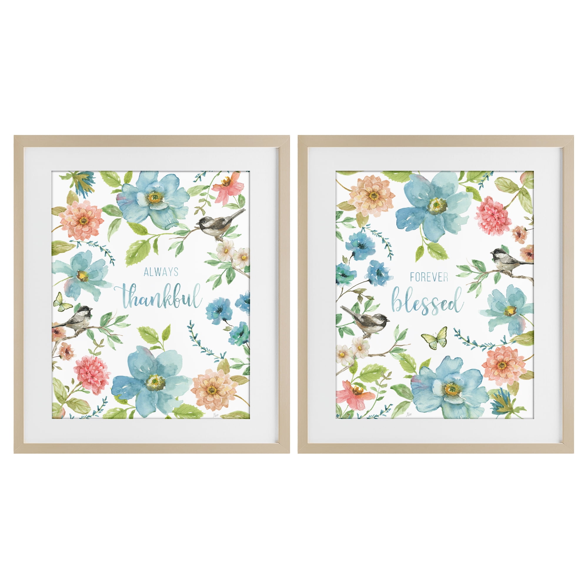 Stupell Industries Pink & Blue Gratitude Blooms 2 Piece Birch Framed Print Under Glass Set, design by Nan