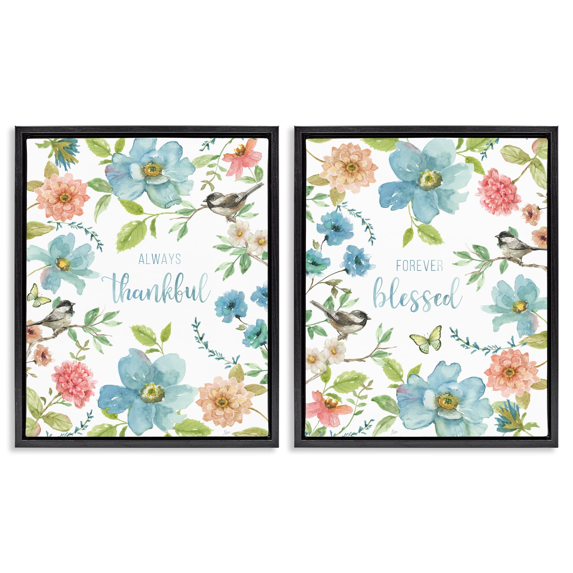 Stupell Industries Pink & Blue Gratitude Blooms 2 Piece Black Framed Floater Canvas Set, design by Nan
