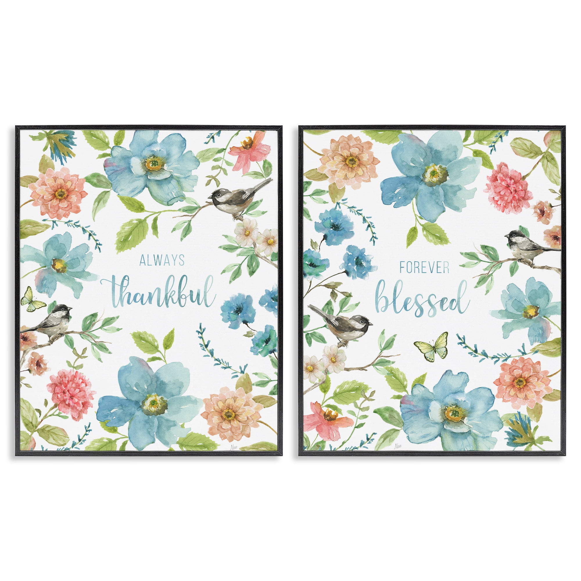 Stupell Industries Pink & Blue Gratitude Blooms 2 Piece Black Framed Giclee Art Set, design by Nan