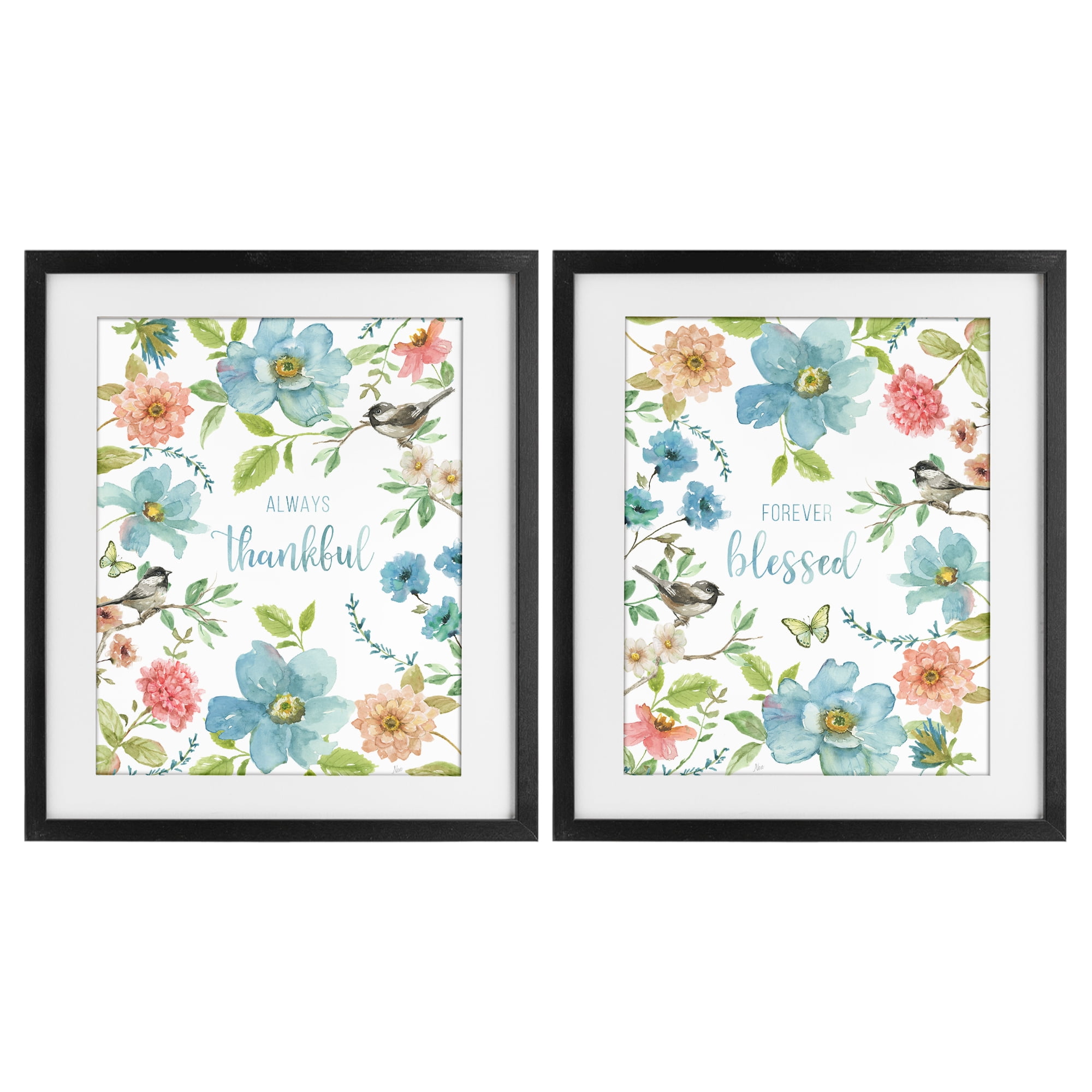 Stupell Industries Pink & Blue Gratitude Blooms 2 Piece Black Framed Print Under Glass Set, design by Nan