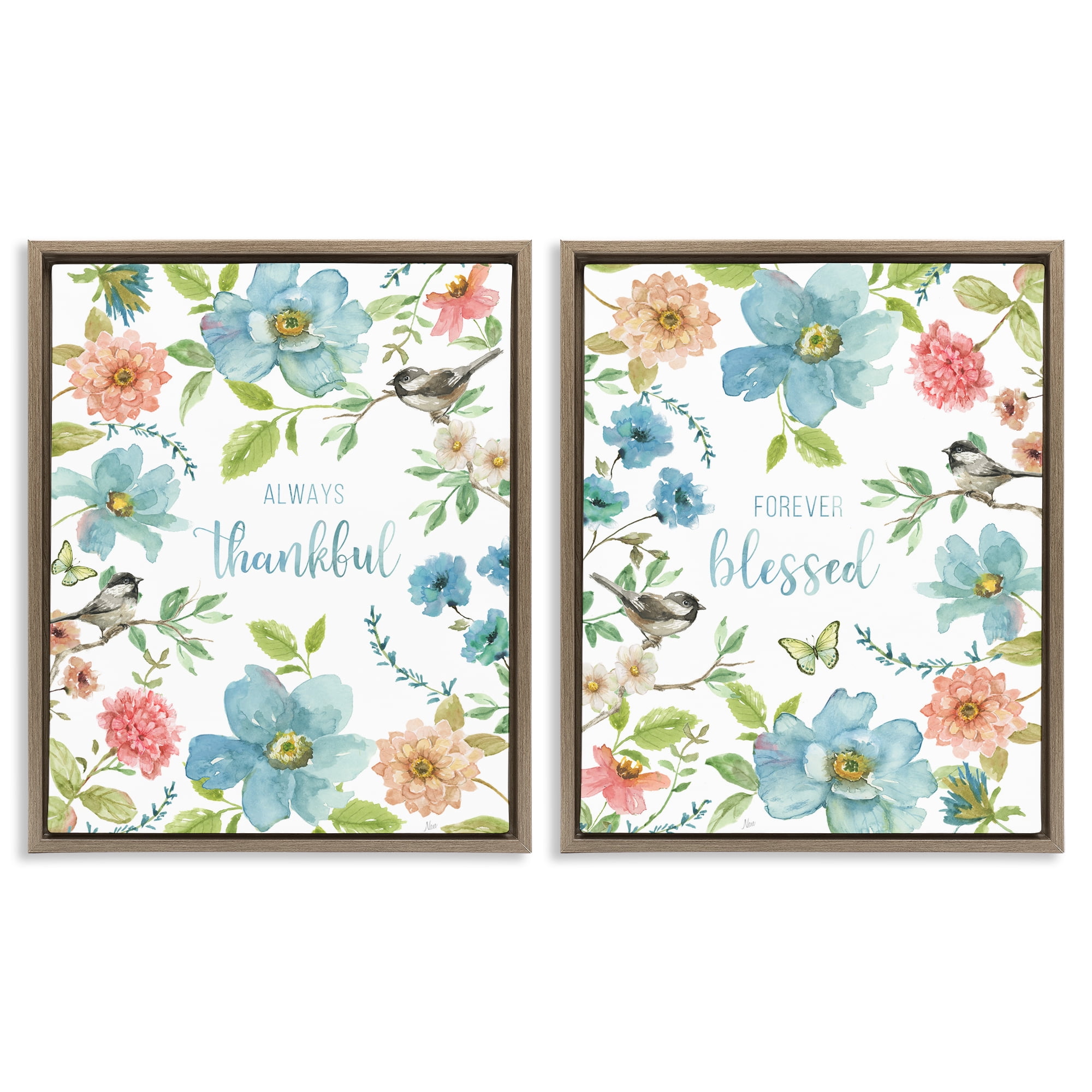 Stupell Industries Pink & Blue Gratitude Blooms 2 Piece Brown Framed Floater Canvas Set, design by Nan