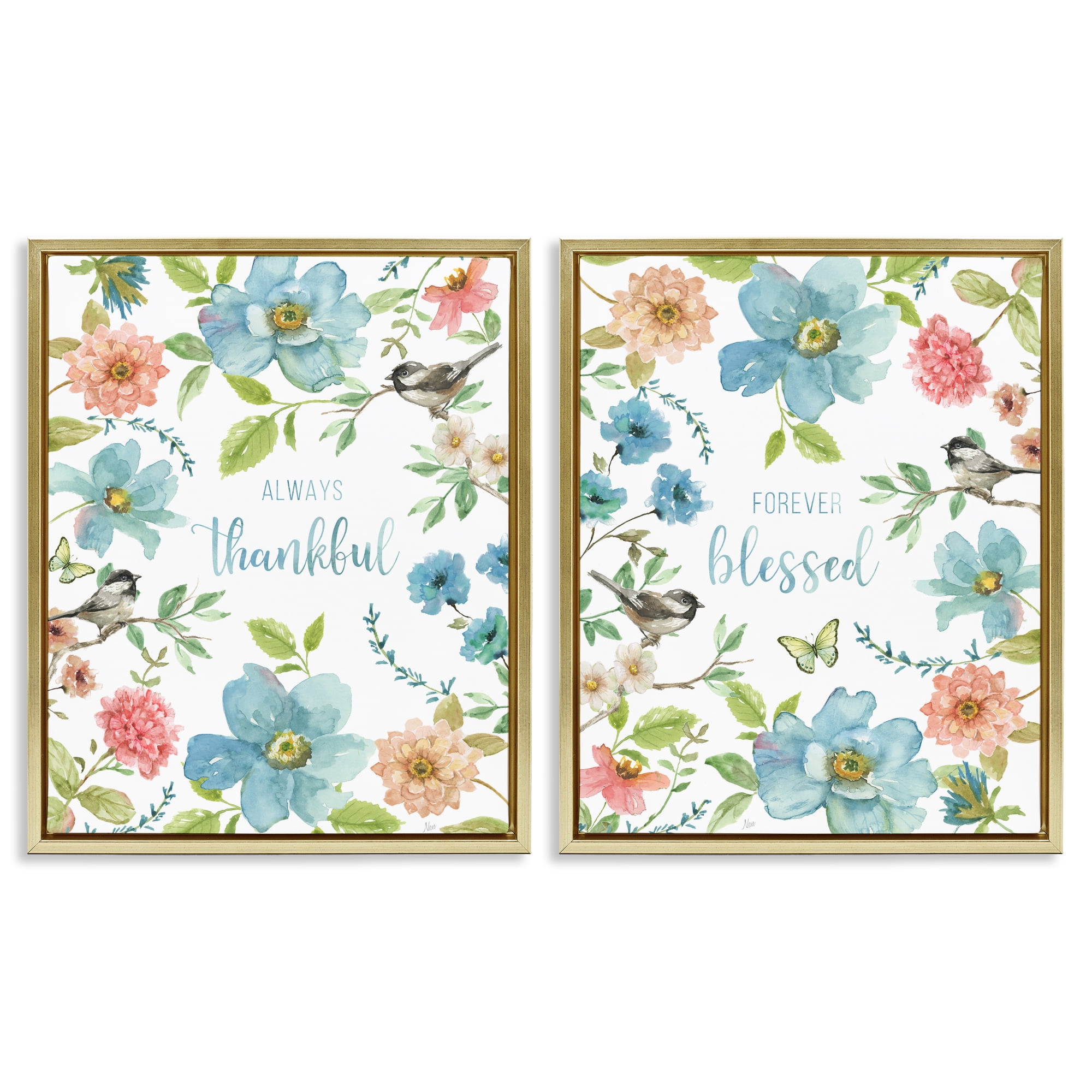 Stupell Industries Pink & Blue Gratitude Blooms 2 Piece Gold Framed Floater Canvas Set, design by Nan