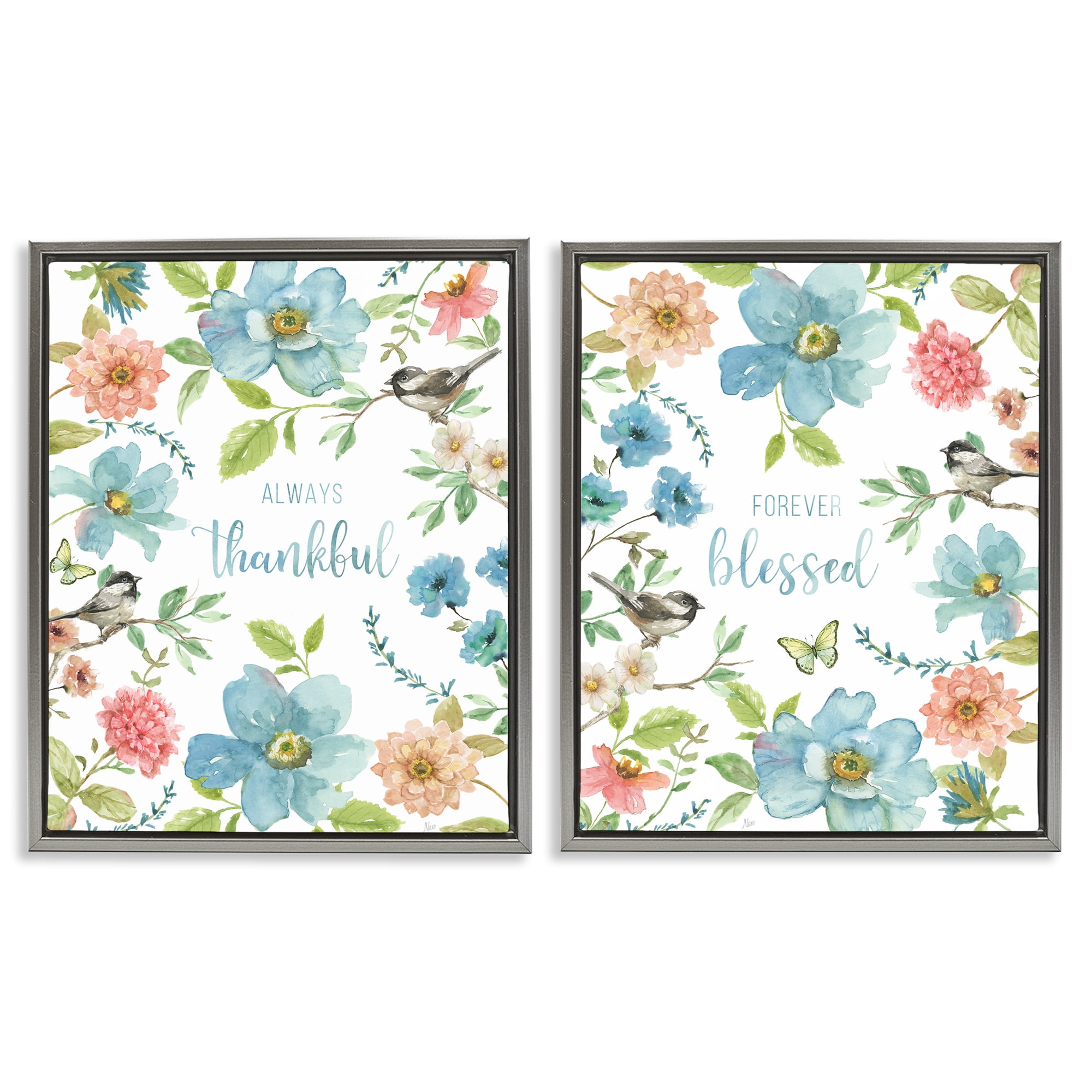 Stupell Industries Pink & Blue Gratitude Blooms 2 Piece Gray Framed Floater Canvas Set, design by Nan